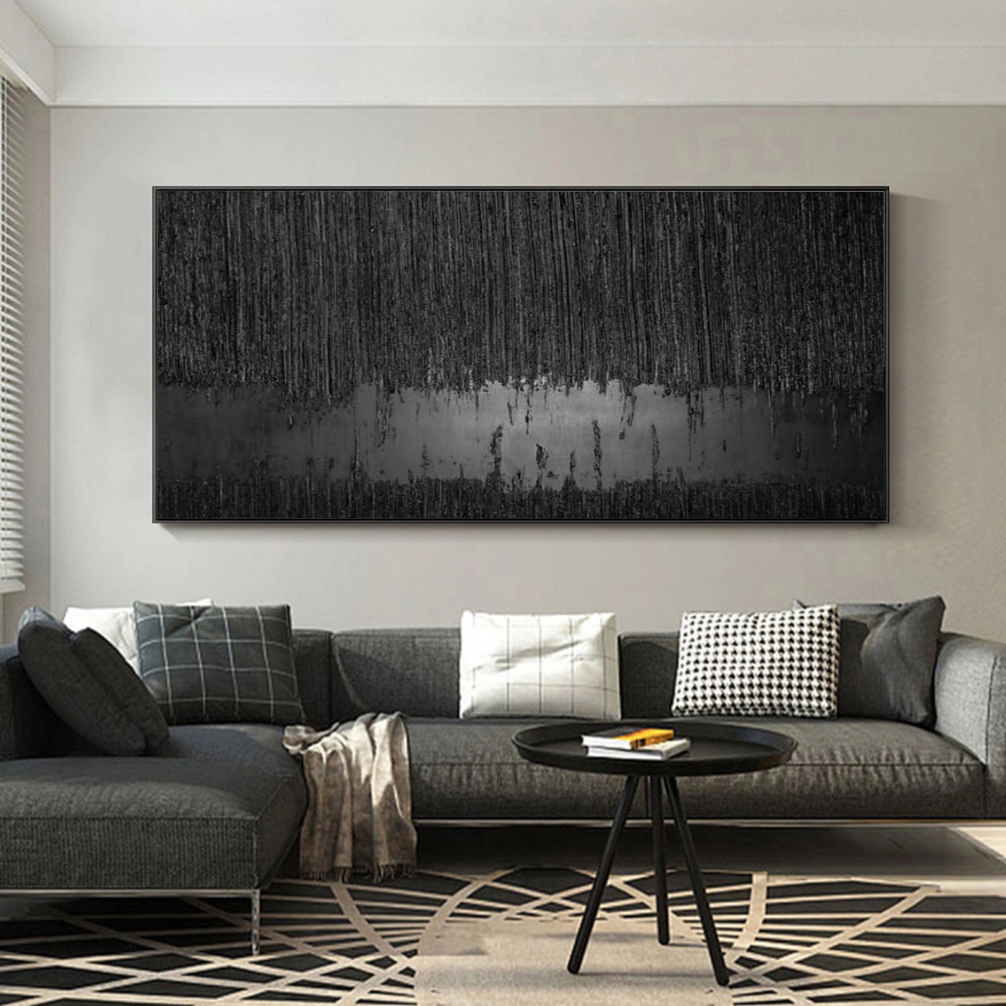 Contemporary Black Design: Textured Abstract Canvas for Room Decor ZZ 135 - Texarart