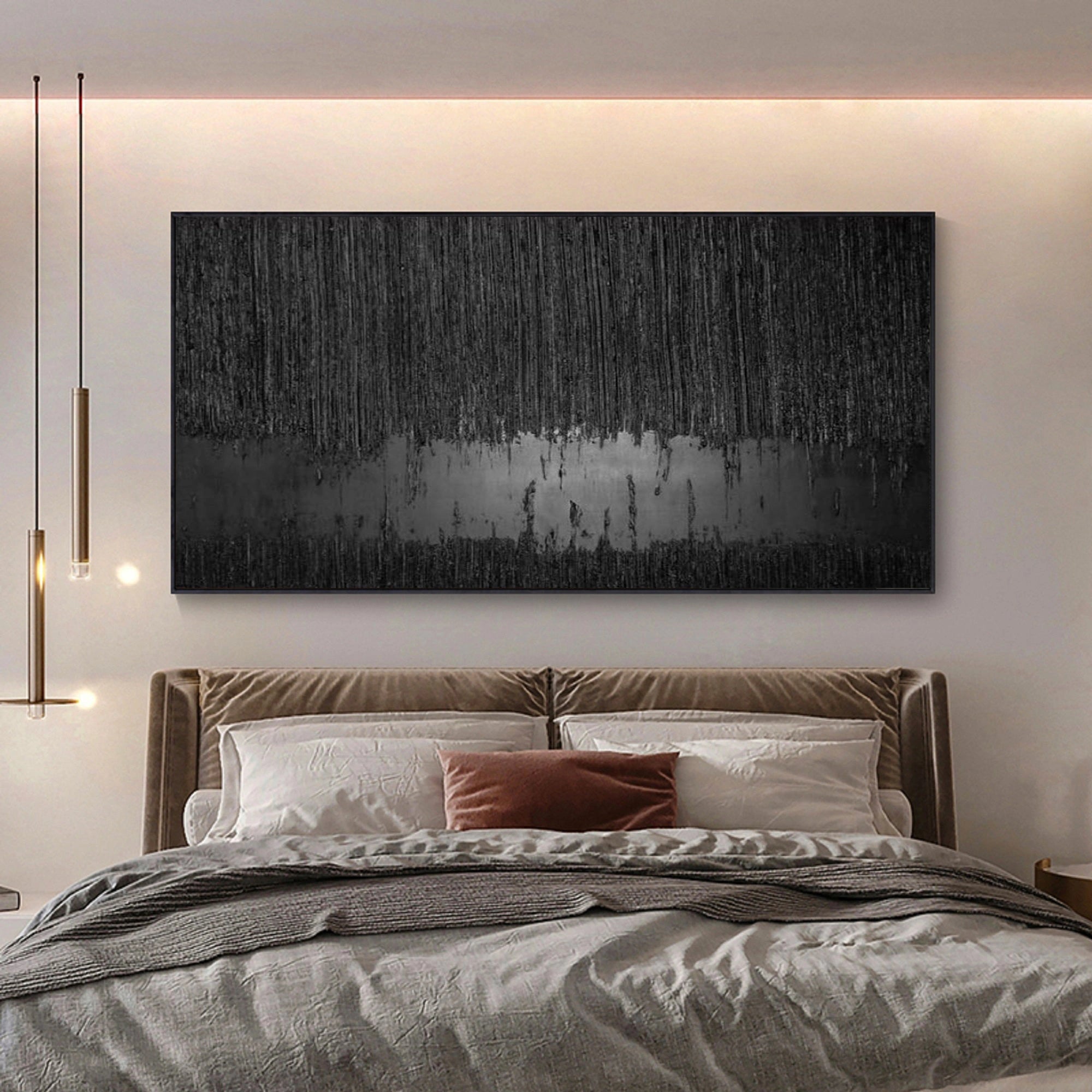 Contemporary Black Design: Textured Abstract Canvas for Room Decor ZZ 135 - Texarart