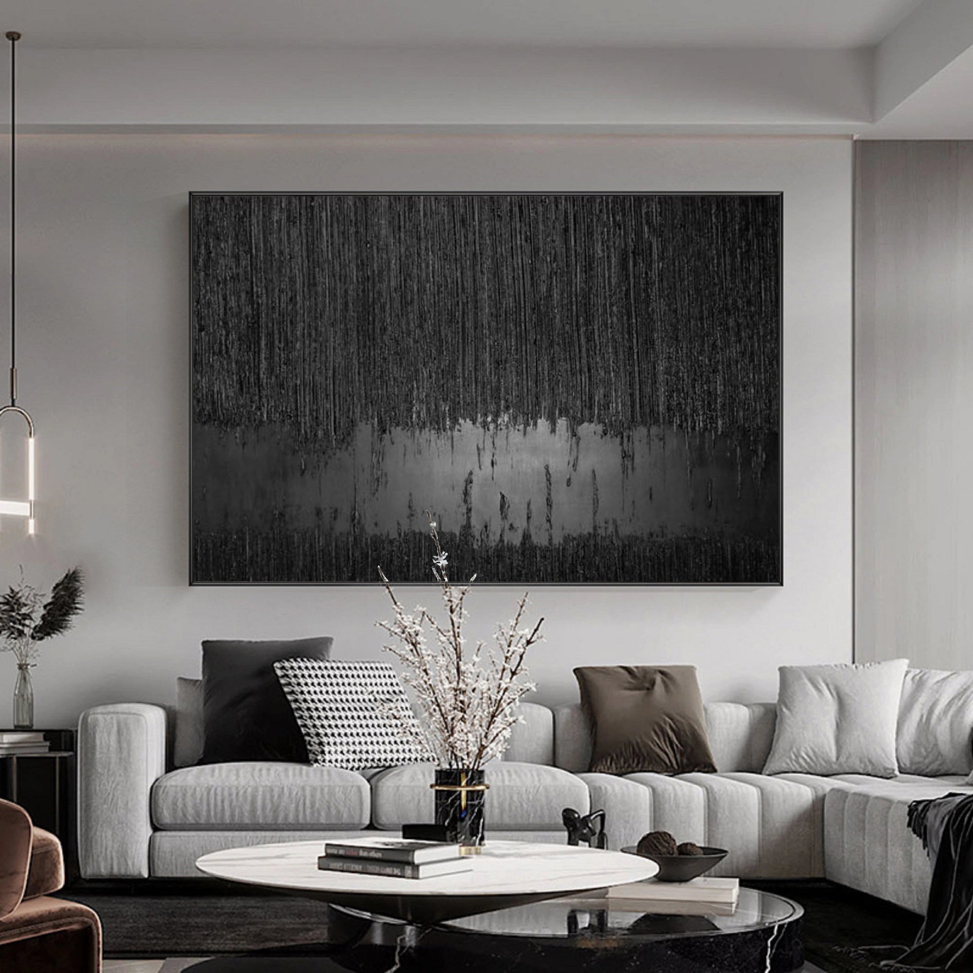 Contemporary Black Design: Textured Abstract Canvas for Room Decor ZZ 135 - Texarart