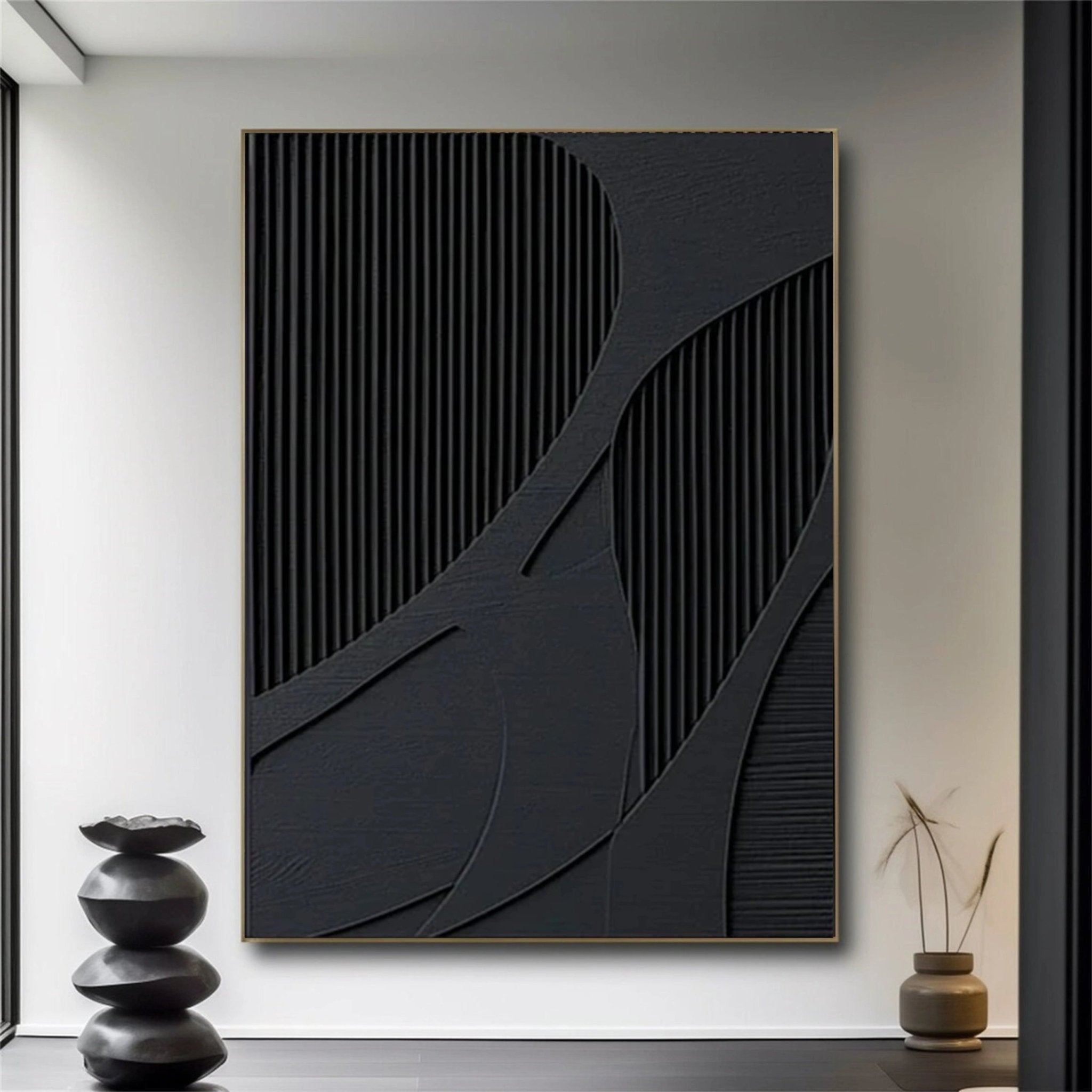 Large Black Textured Wall Art | Vertical Abstract 3D Panel Decor ZZ 136 - Texarart