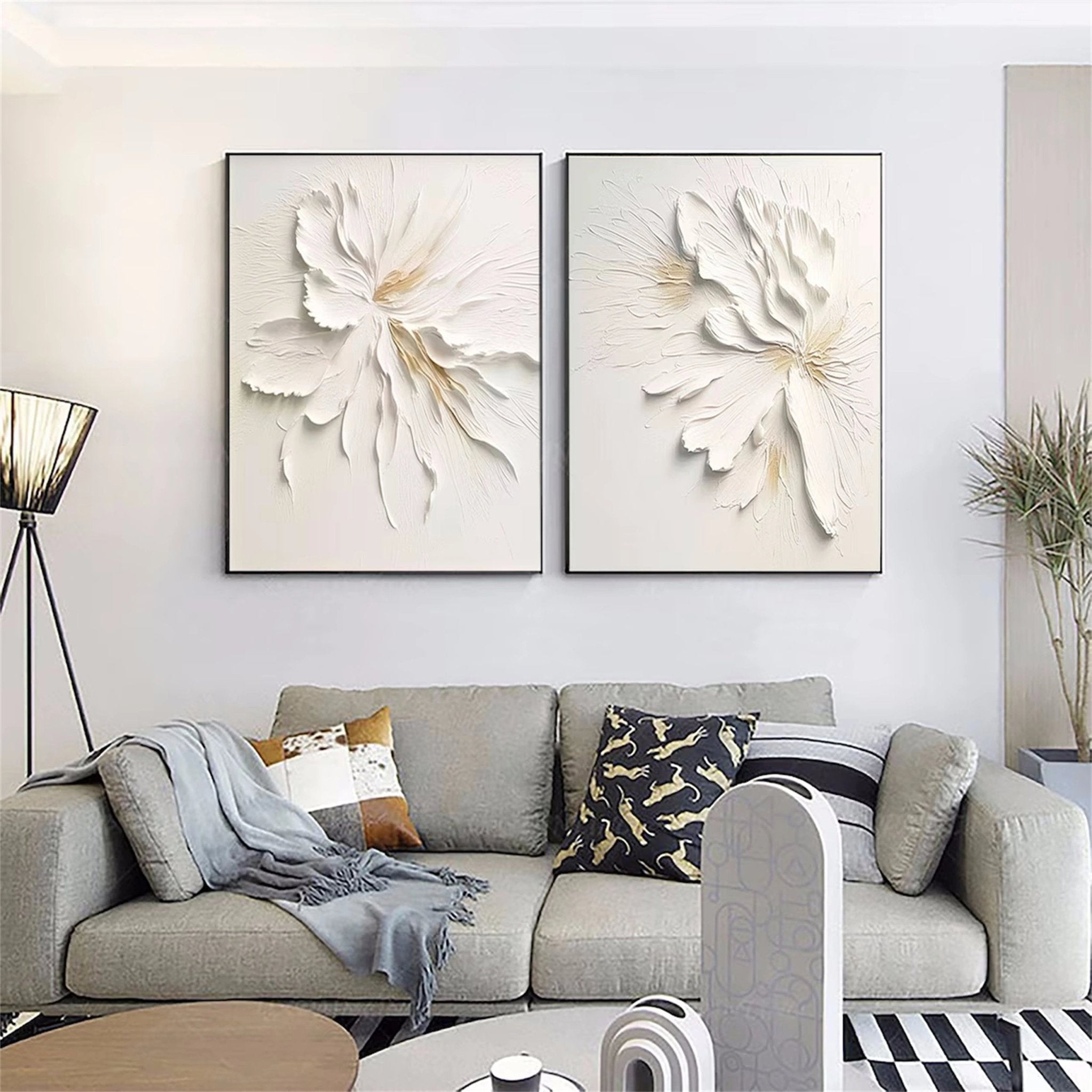 Contemporary Floral Design: White Textured Abstract Canvas Set of 2 ZZ 140 - Texarart