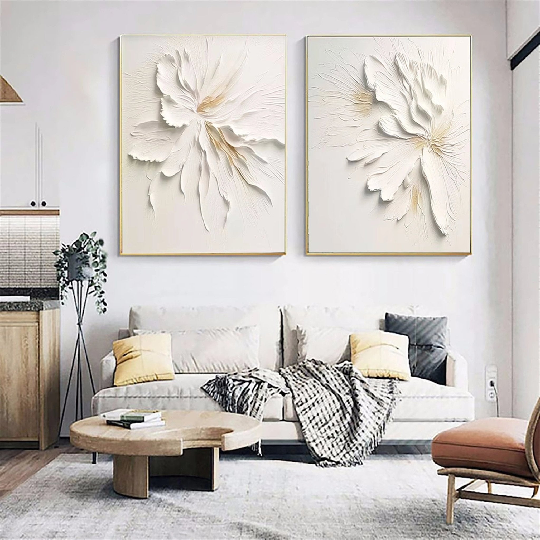 Contemporary Floral Design: White Textured Abstract Canvas Set of 2 ZZ 140 - Texarart
