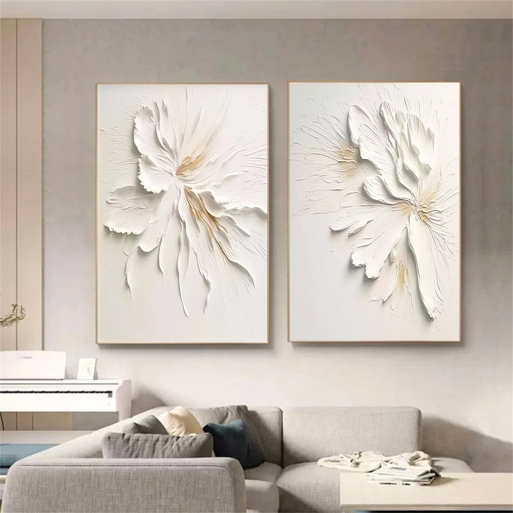 Contemporary Floral Design: White Textured Abstract Canvas Set of 2 ZZ 140 - Texarart
