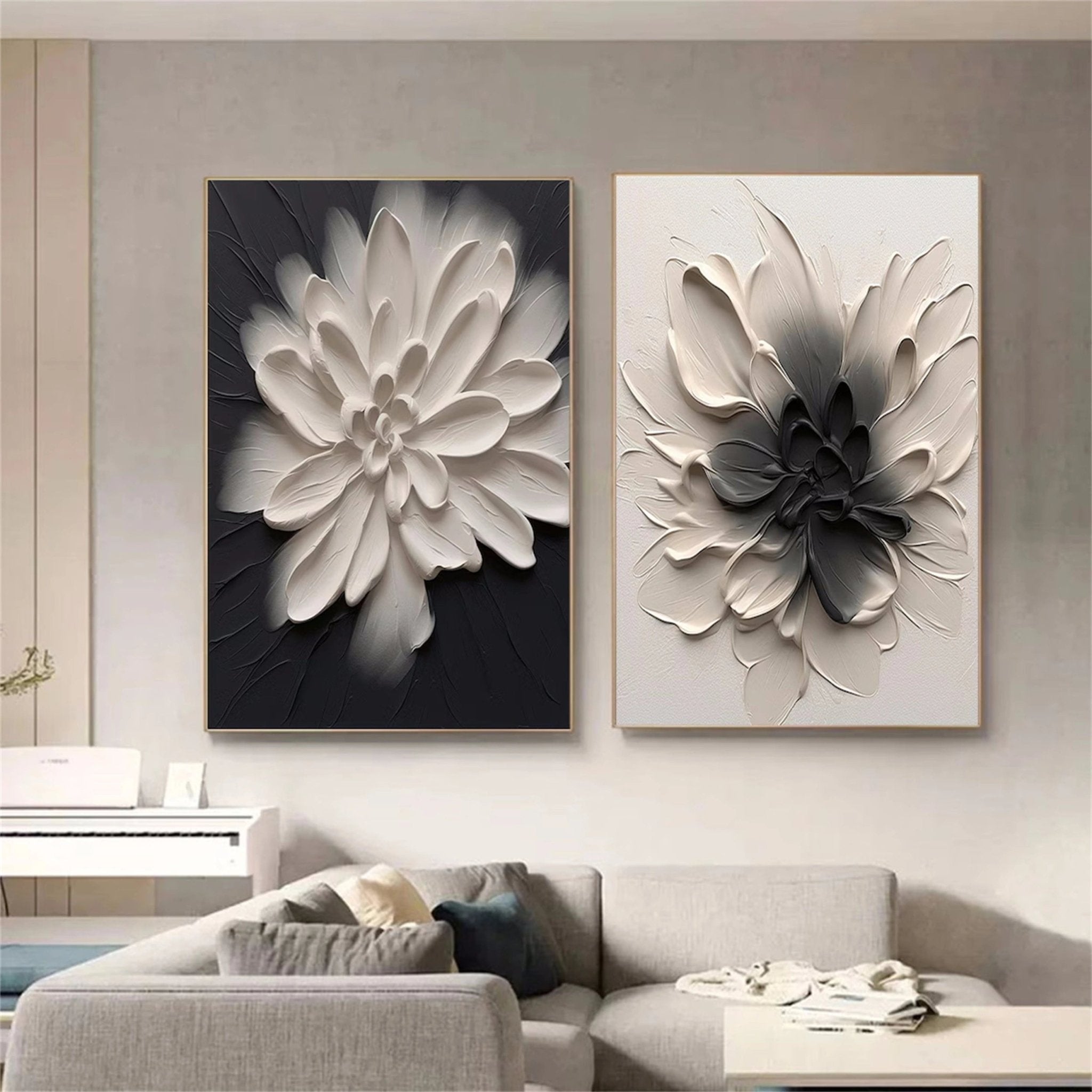 3D Textured Flower Painting Set | Black & White Floral Diptych Art JJ 085 - Texarart