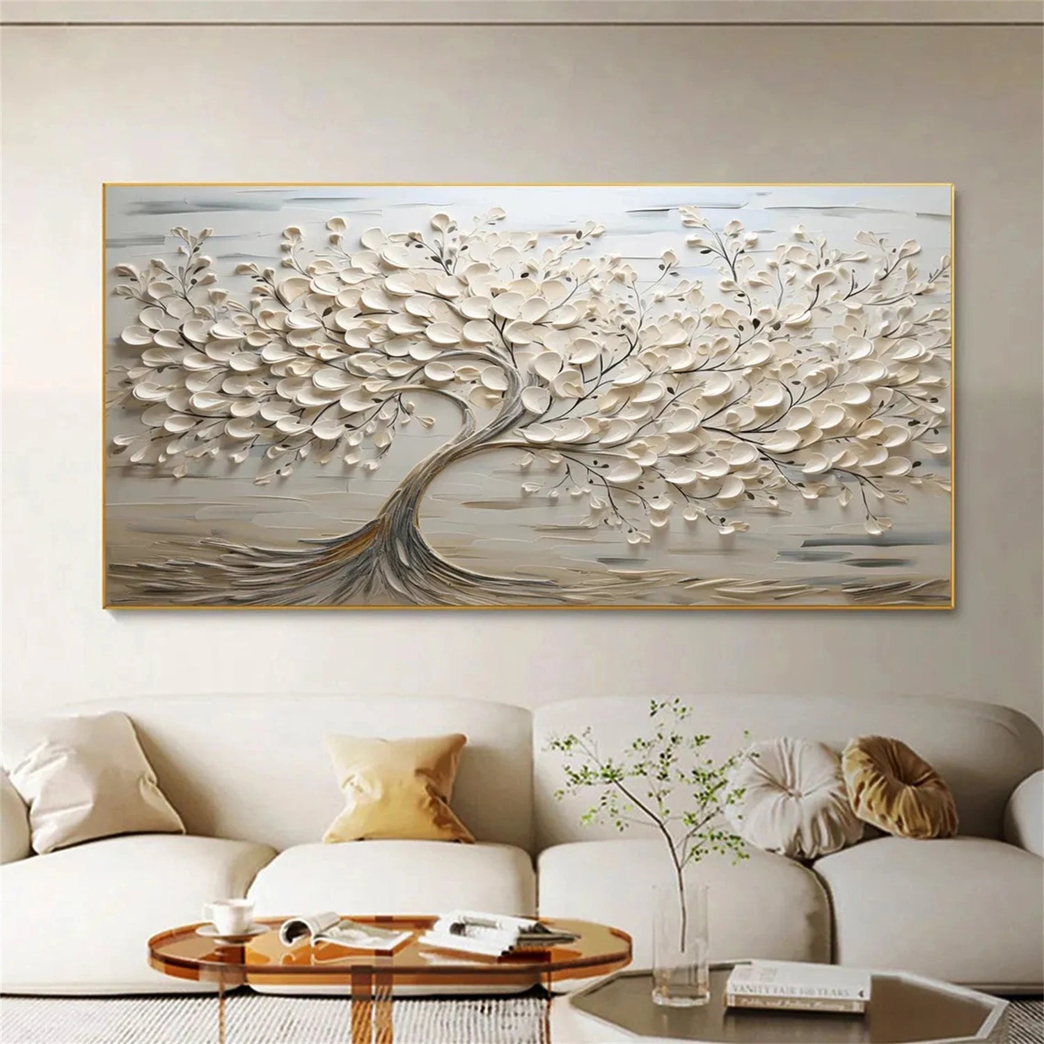 Oversized Abstract Tree Painting | Beige Textured Horizontal Wall Art Decor ZZ 142 - Texarart