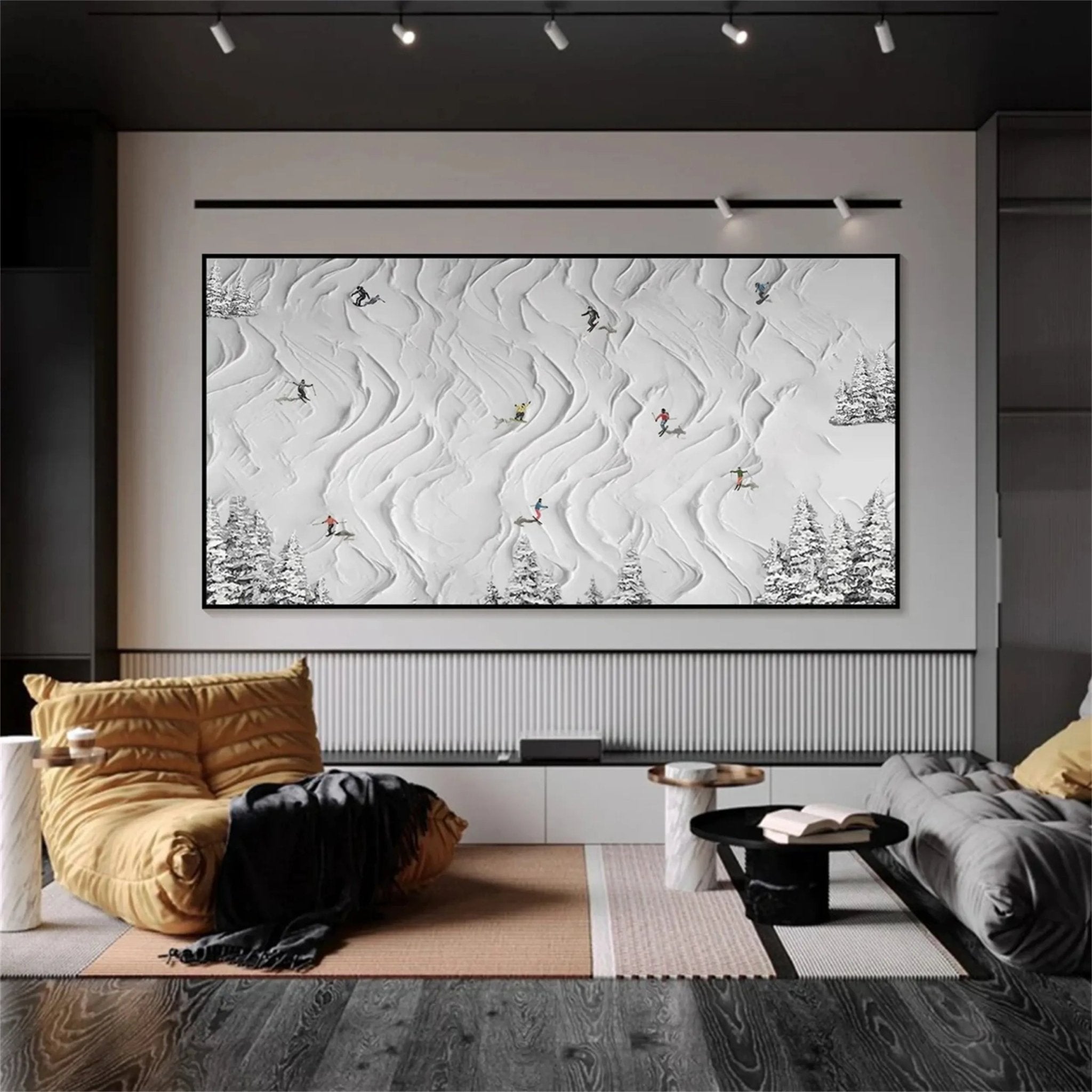 White Minimalist Ski Scene Abstract Oil Painting - Modern Sport Art JJ 109 - Texarart