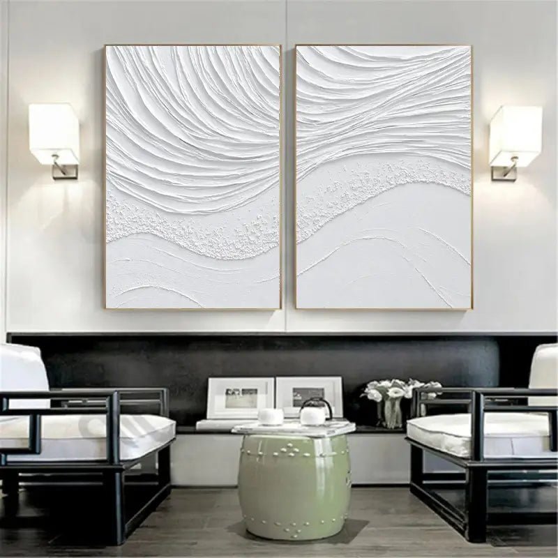 White Textured Wave Art Set | Coastal Abstract Canvas Diptych JJ 088 - Texarart