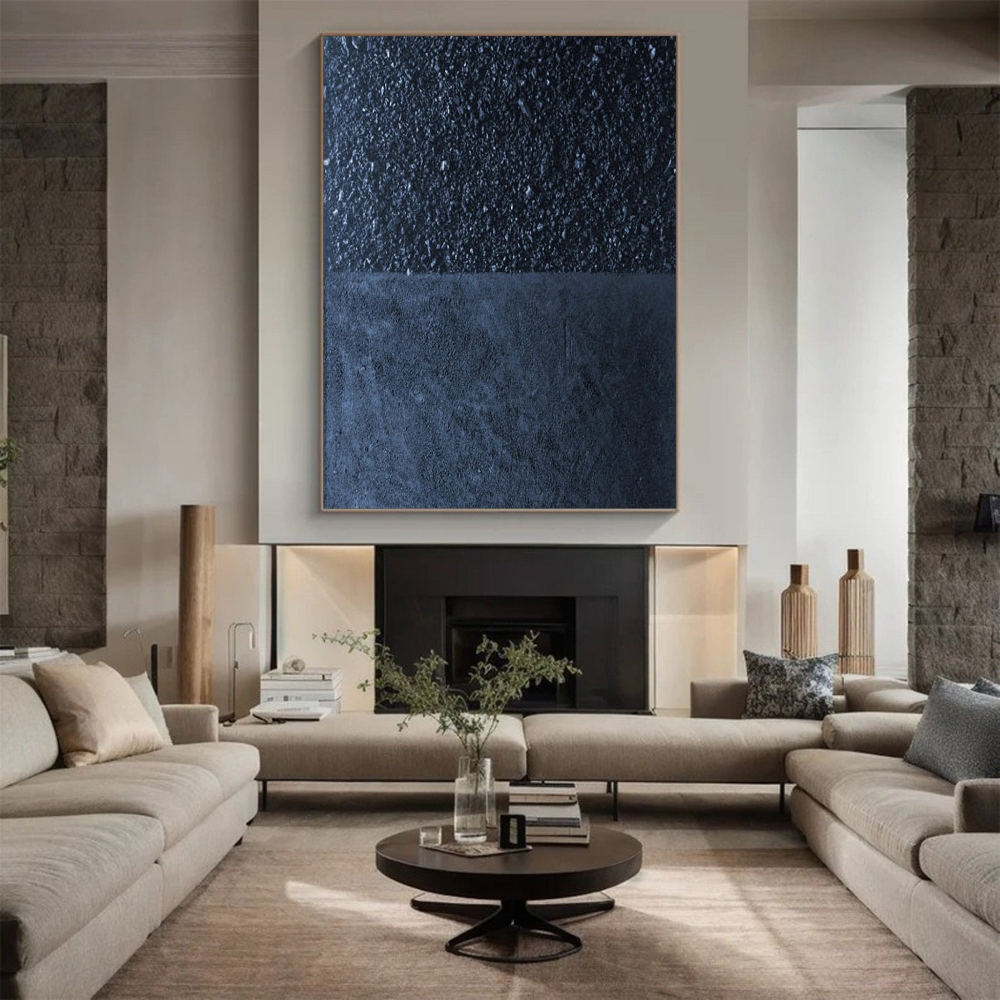 Deep Blue Textured Abstract Oil Painting - Modern Minimalist Art JJ 062 - Texarart