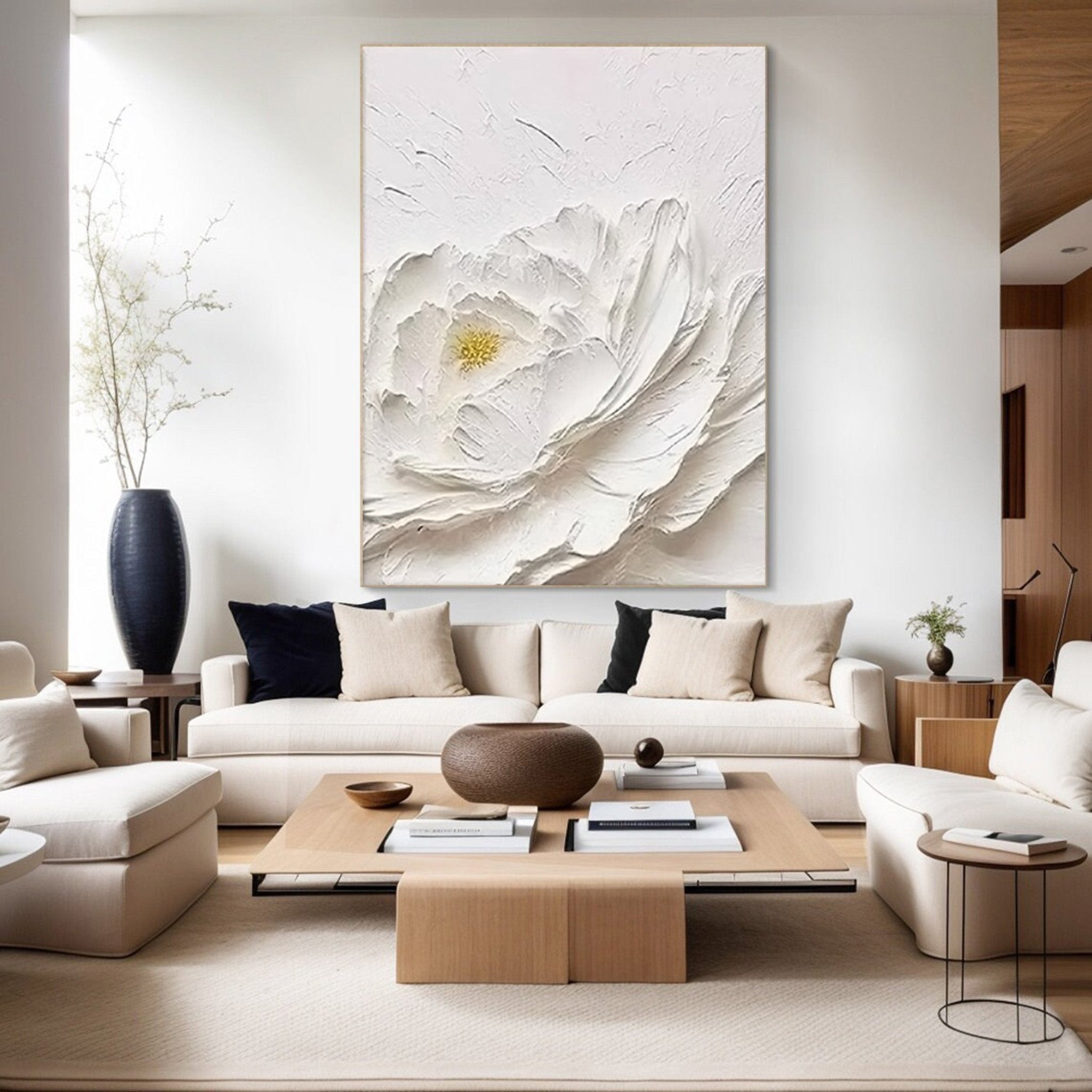 White Textured Floral Abstract Oil Painting - Modern Minimalist Art JJ 061 - Texarart