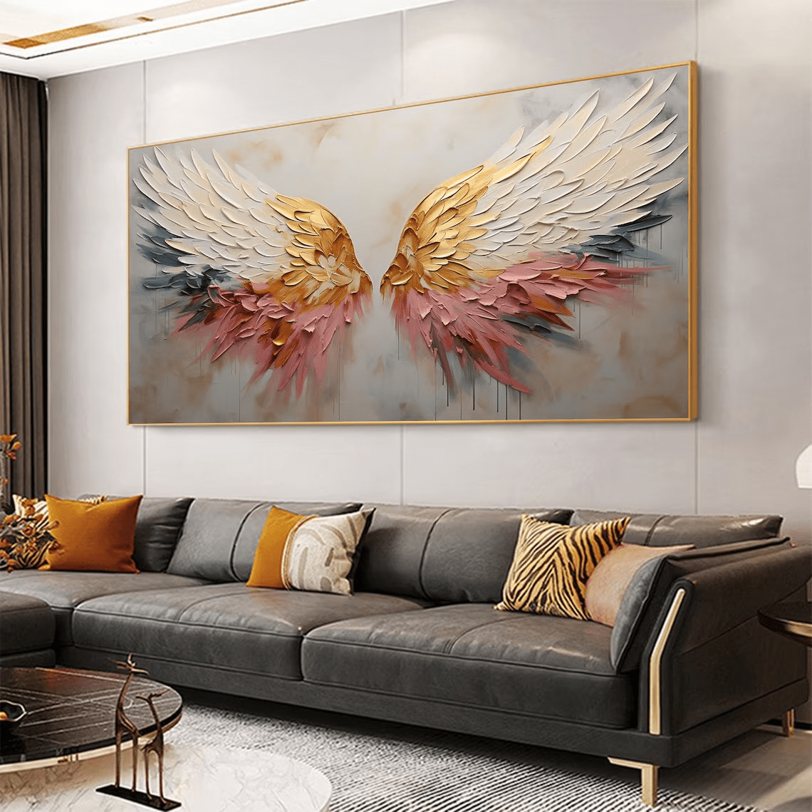 Textured Angel Wings Abstract Oil Painting - Gold & Peach Art JJ 031 - Texarart