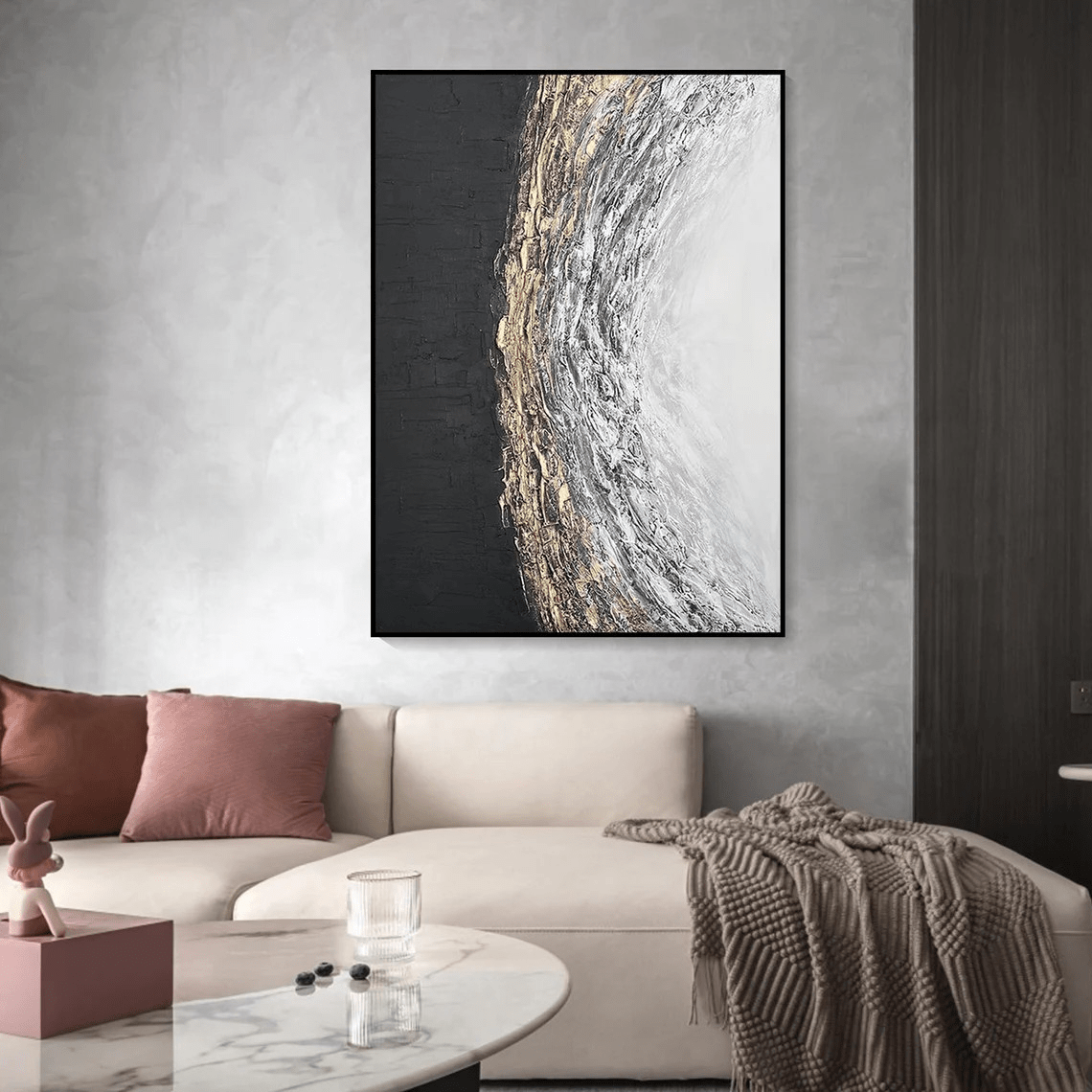 Abstract Black White Gold Oil Painting Modern Wall Art TC 083 - Texarart