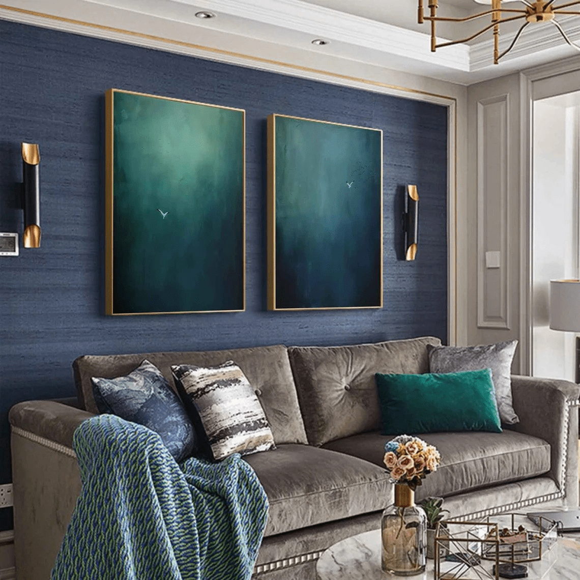 Large Abstract Oil Painting Diptych Hand - Painted Blue Green Sky/Ocean Art | TC 010 - Texarart