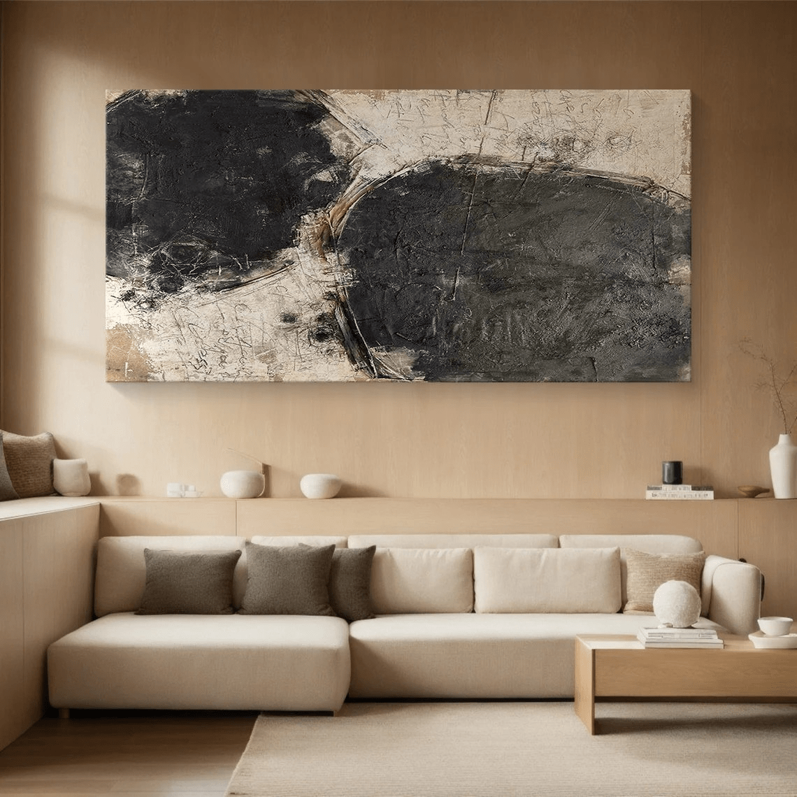 Minimalist Black and Beige Abstract Art | Large Textured Canvas Art TC 067 - Texarart