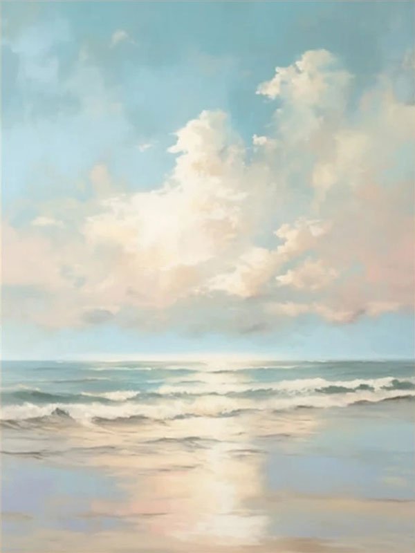 Calm Coastal Sky and Sea Abstract - Soft Blue and Beige Oil Painting JJ 118 - Texarart