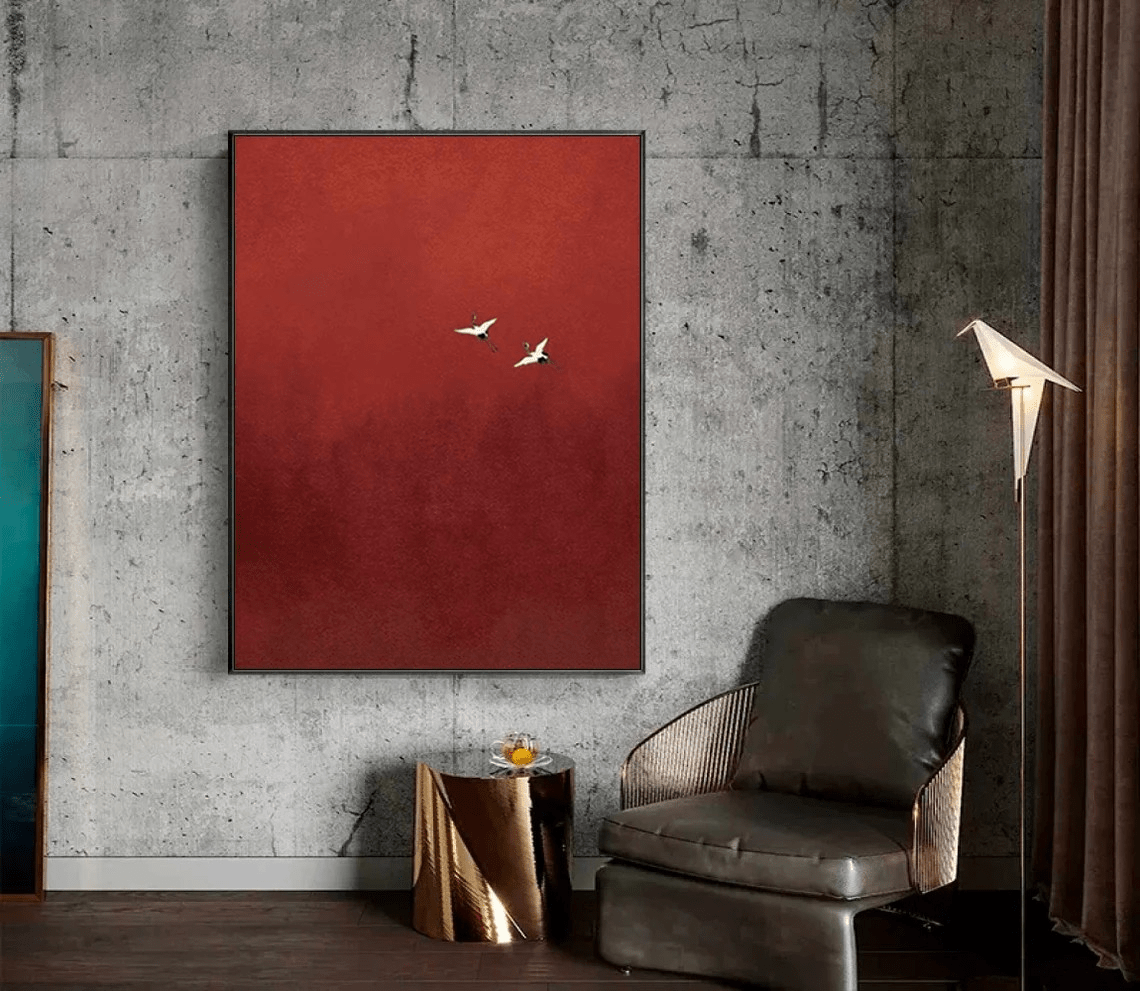 Minimalist Red Abstract Oil Painting with Flying Birds Wall Art TC 026 - Texarart