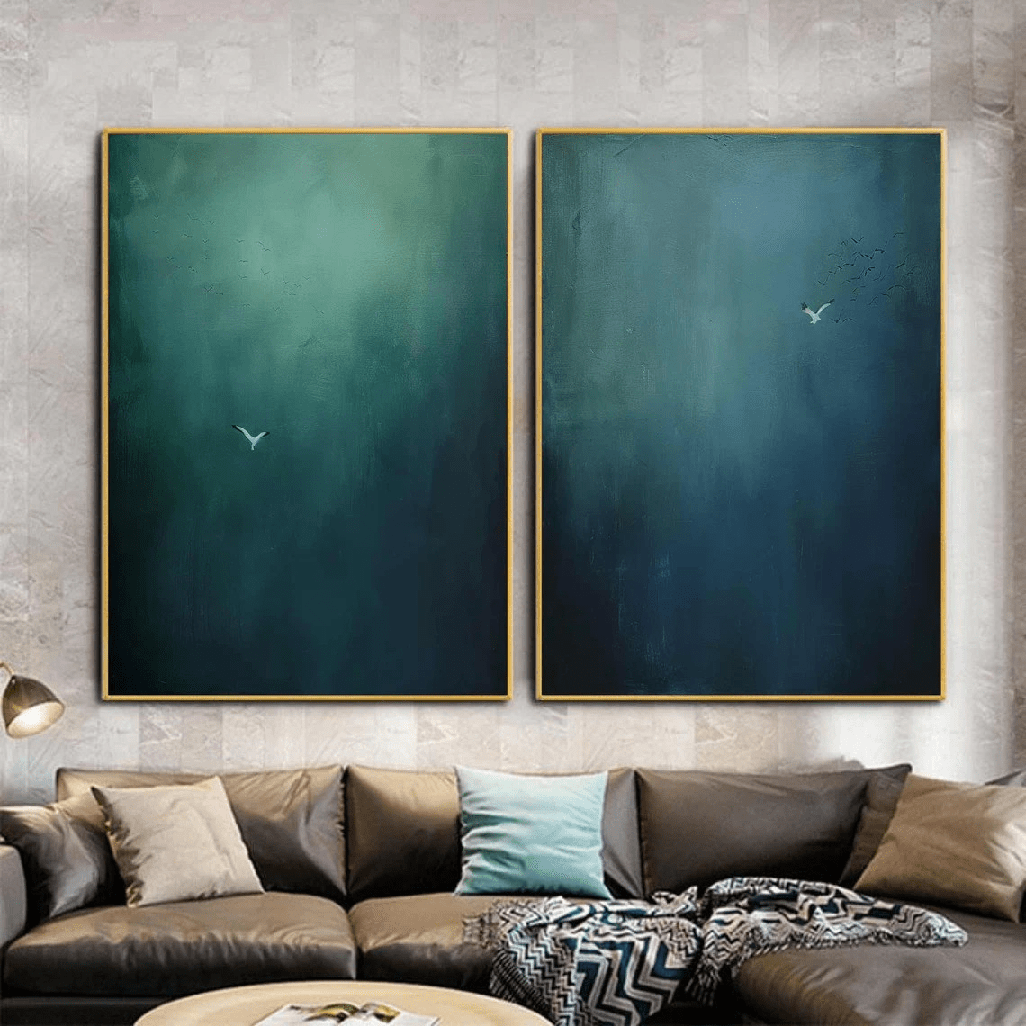 Large Abstract Oil Painting Diptych Hand - Painted Blue Green Sky/Ocean Art | TC 010 - Texarart