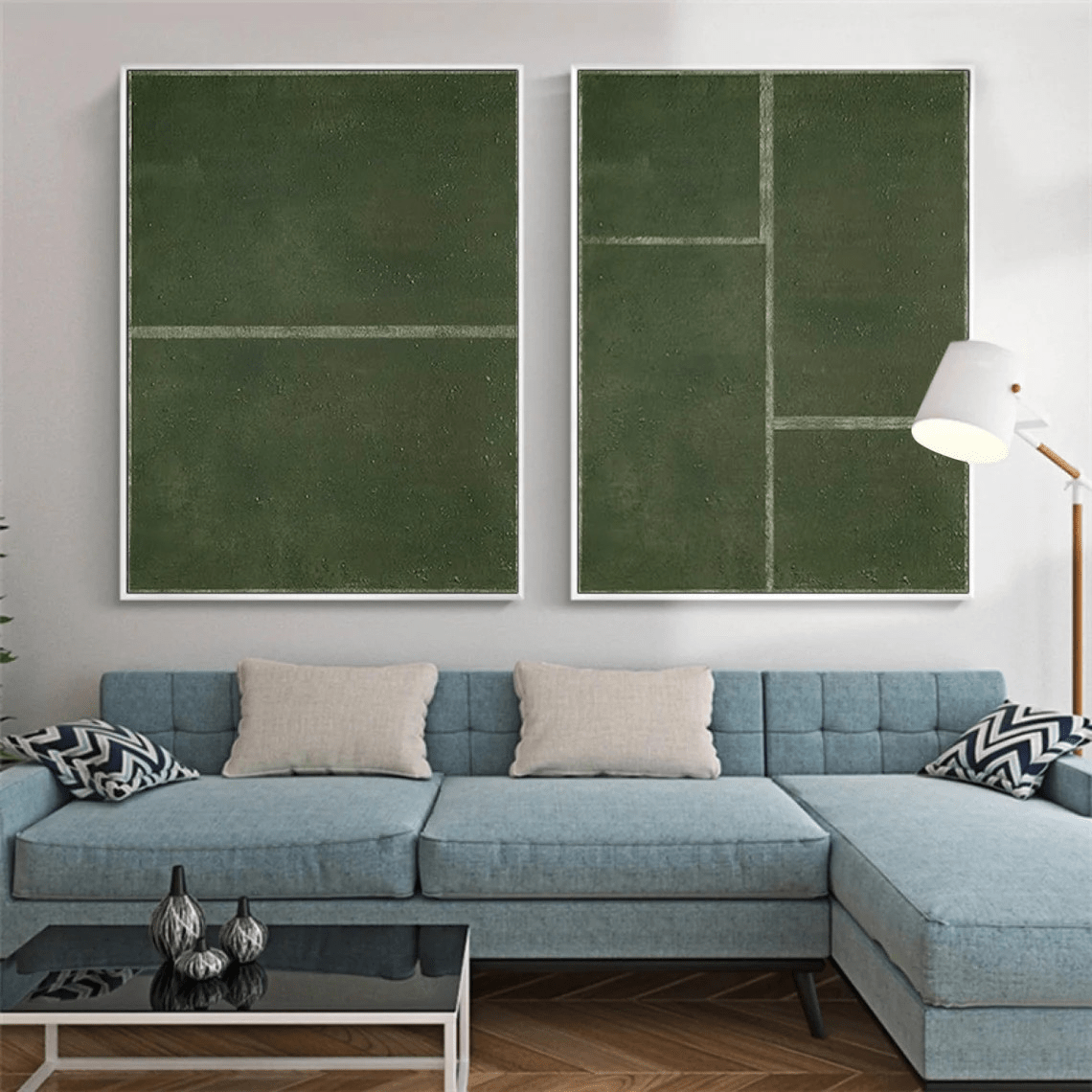 Set of 2 Large Abstract Green Oil Paintings with Geometric Design | TC 017 - Texarart