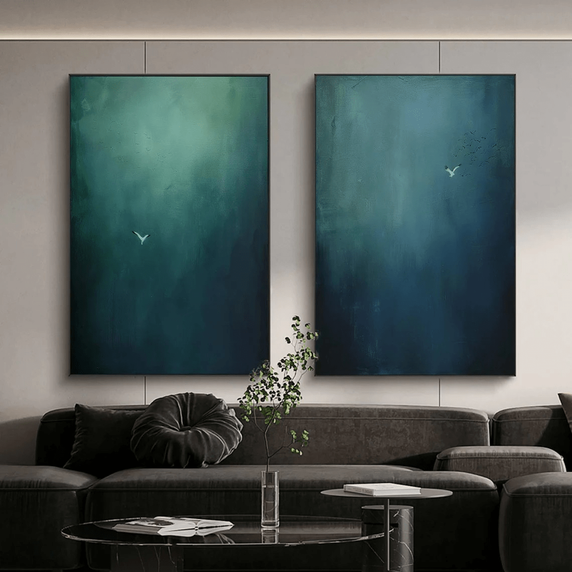 Large Abstract Oil Painting Diptych Hand - Painted Blue Green Sky/Ocean Art | TC 010 - Texarart