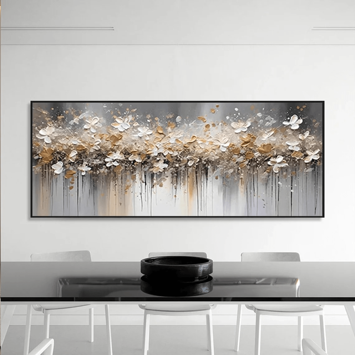 Textured Floral Abstract Oil Art - Gold Beige with Dripping JJ 021 - Texarart