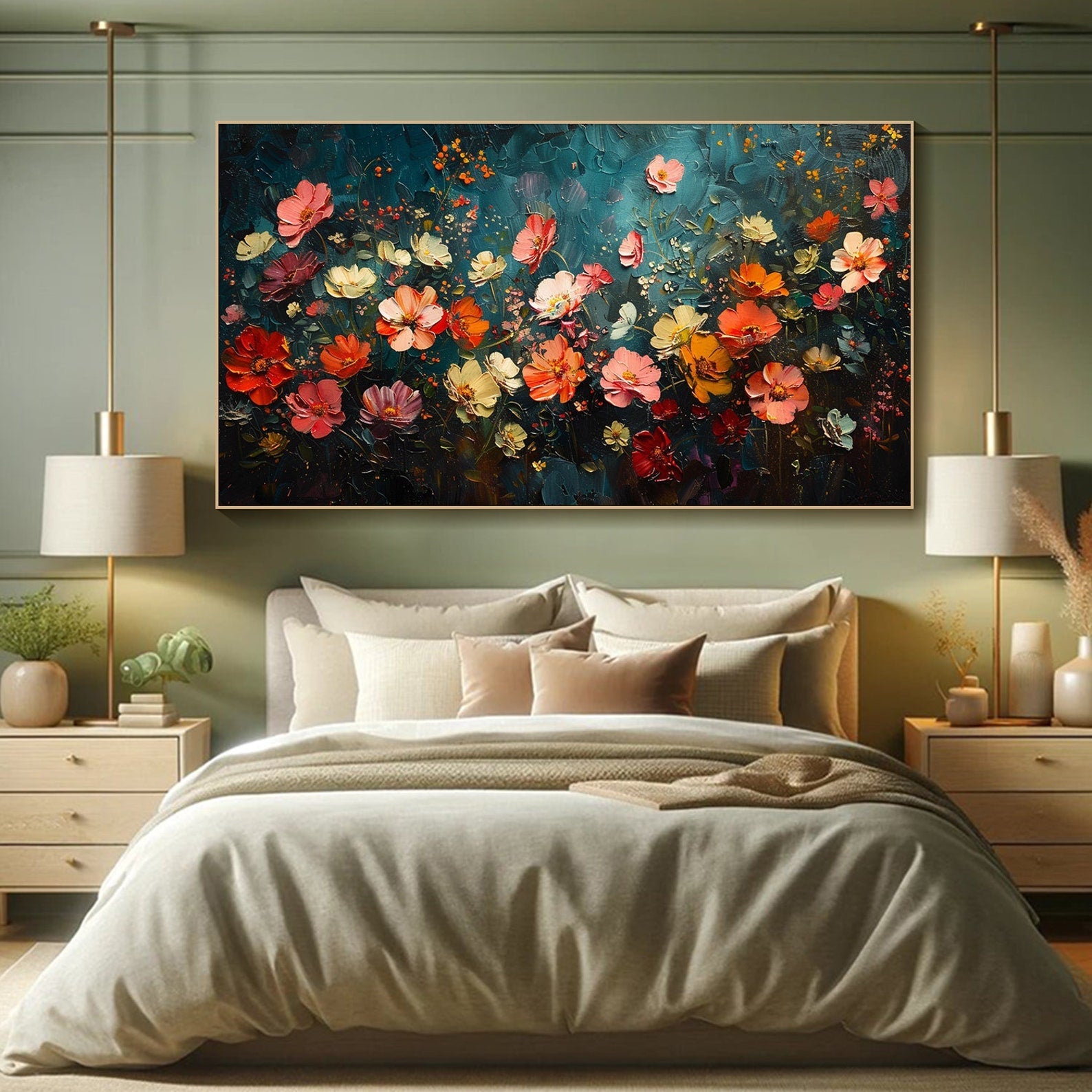 Dark Blue Green Abstract Floral, Modern Lively Decor TB 069 - Texarart