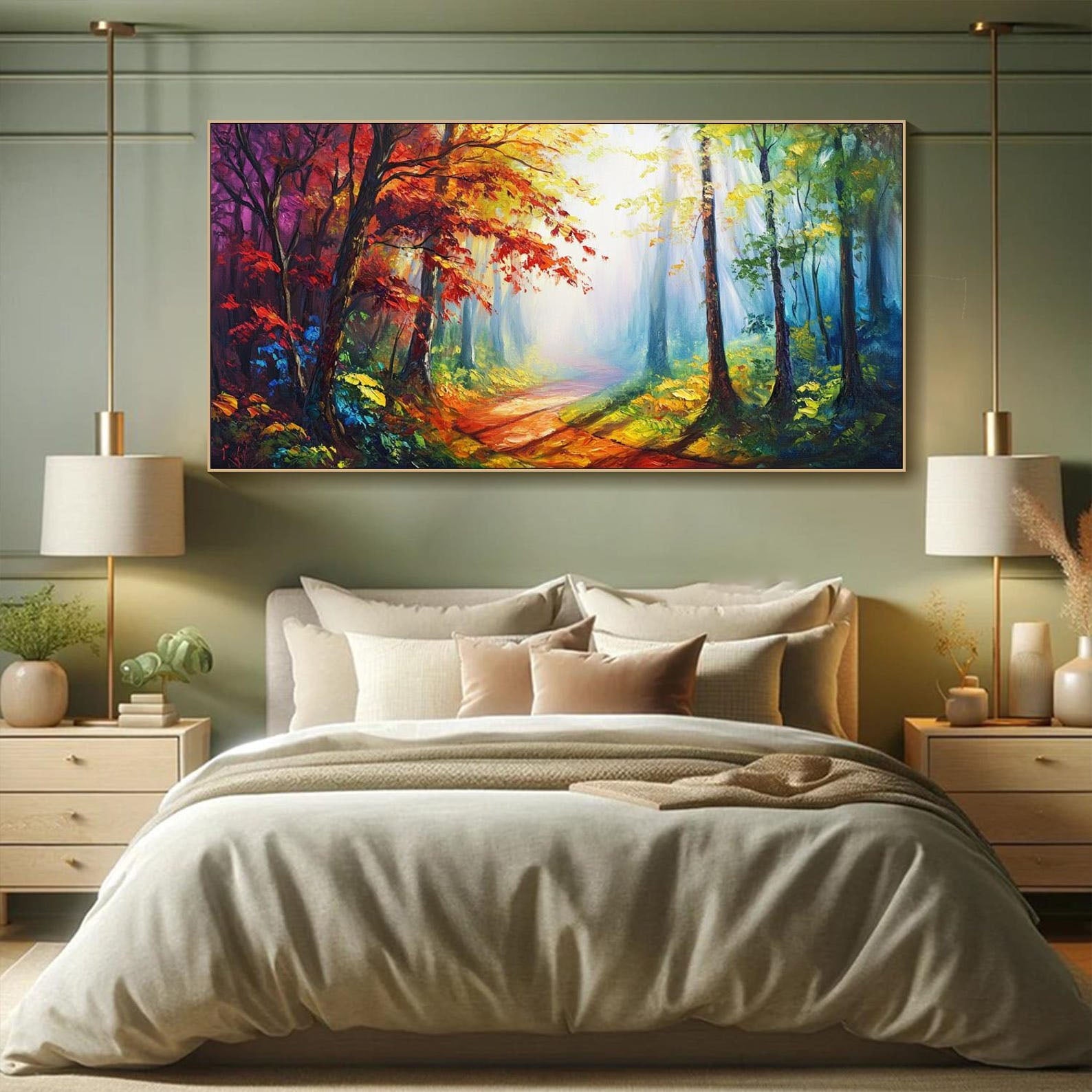 Vibrant Light Abstract Forest Oil Painting, Modern Dreamy TB 070 - Texarart