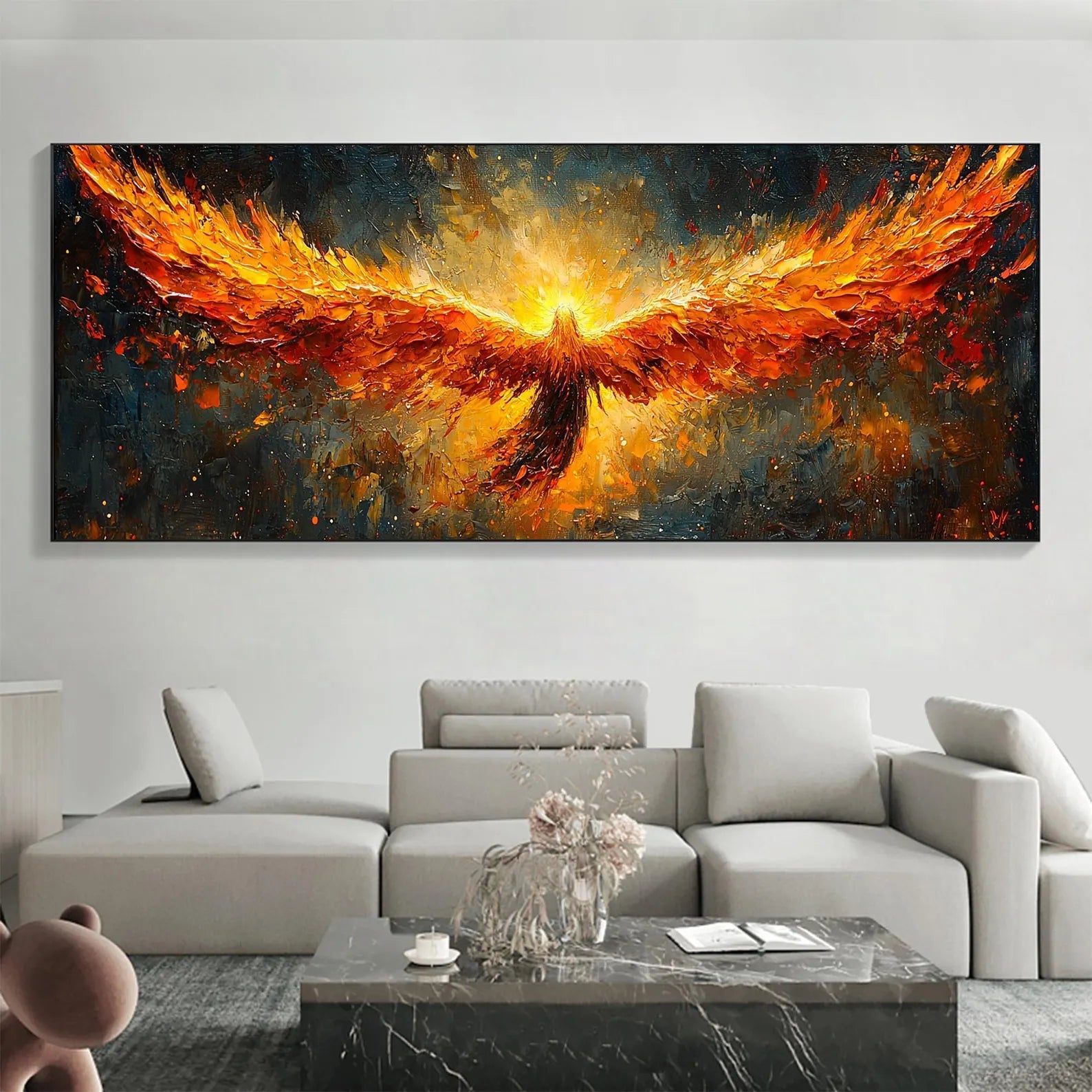 Textured Phoenix Rising Oil Painting | Large Fiery Wall Art Decor ZZ 007 - Texarart