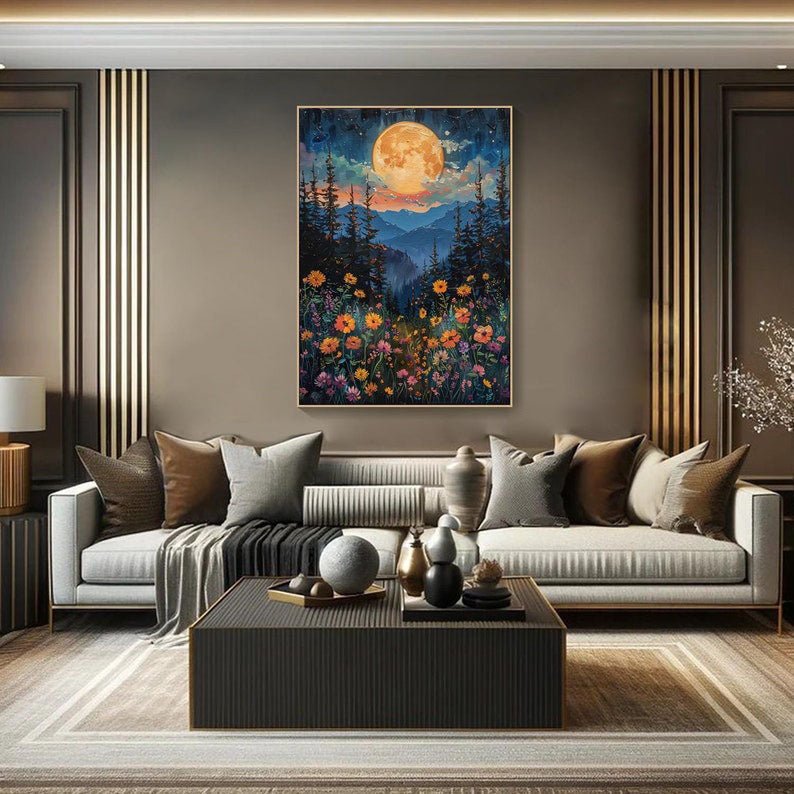 Moonlight Forest Abstract Oil Painting, Modern Dreamy Night TB 073 - Texarart