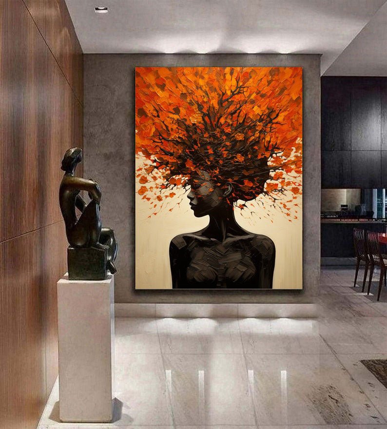 Orange Brown Explosive Hair Abstract Portrait Painting, Modern Art Wall Art TB 044 - Texarart