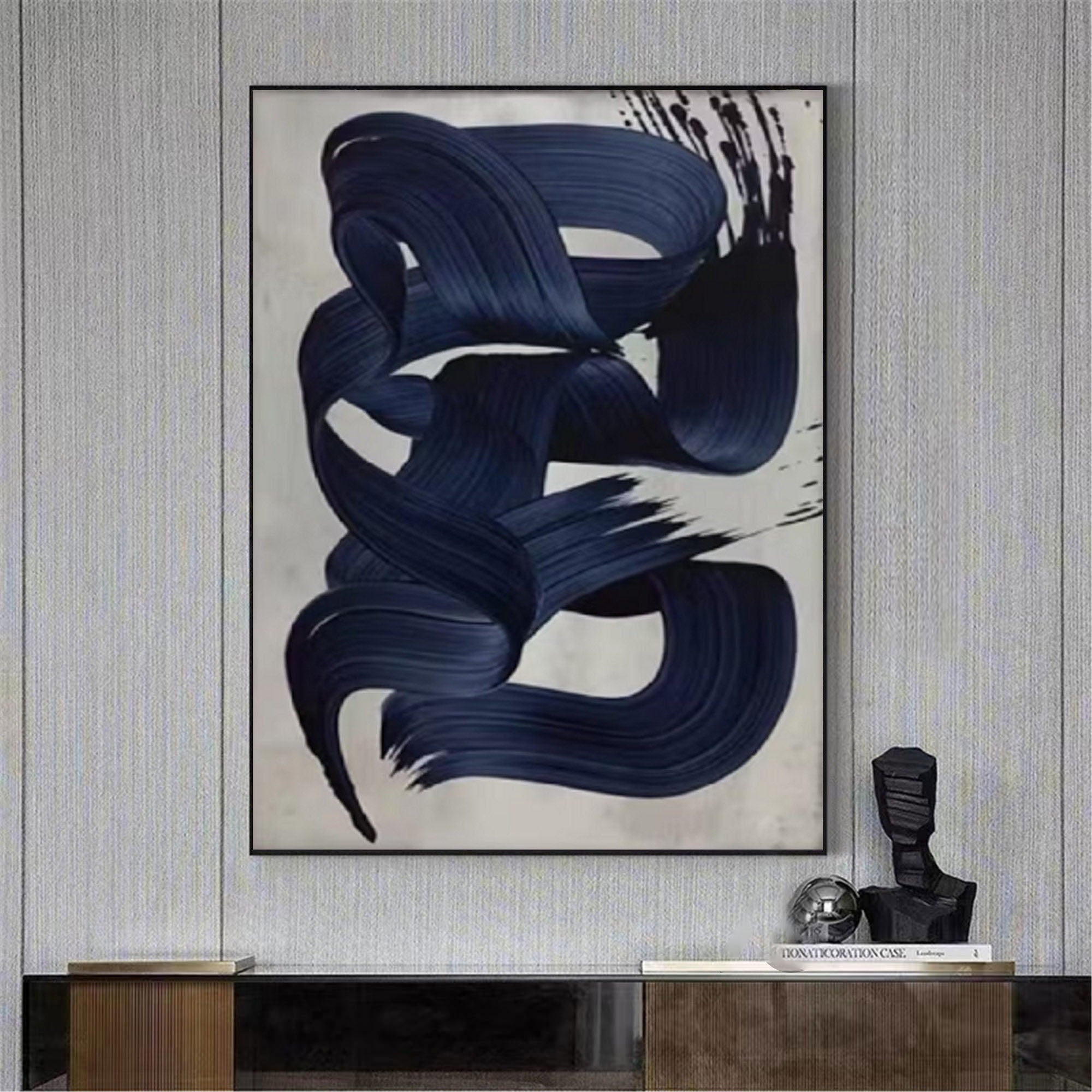 Blue Brushstroke Abstract Oil Painting, Modern Minimalist Art Wall Decor TB 050 - Texarart