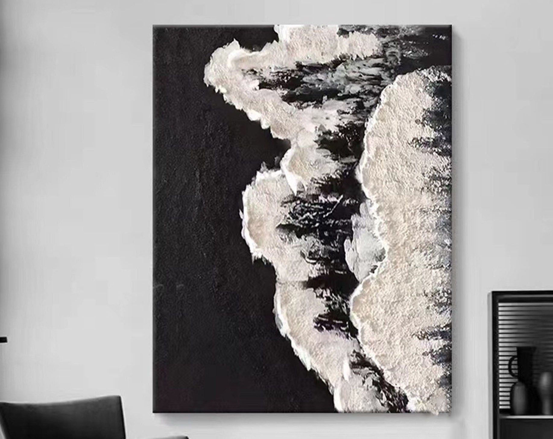 Minimalist Handmade Oil Painting - Black and White Abstract Art TB 034 - Texarart