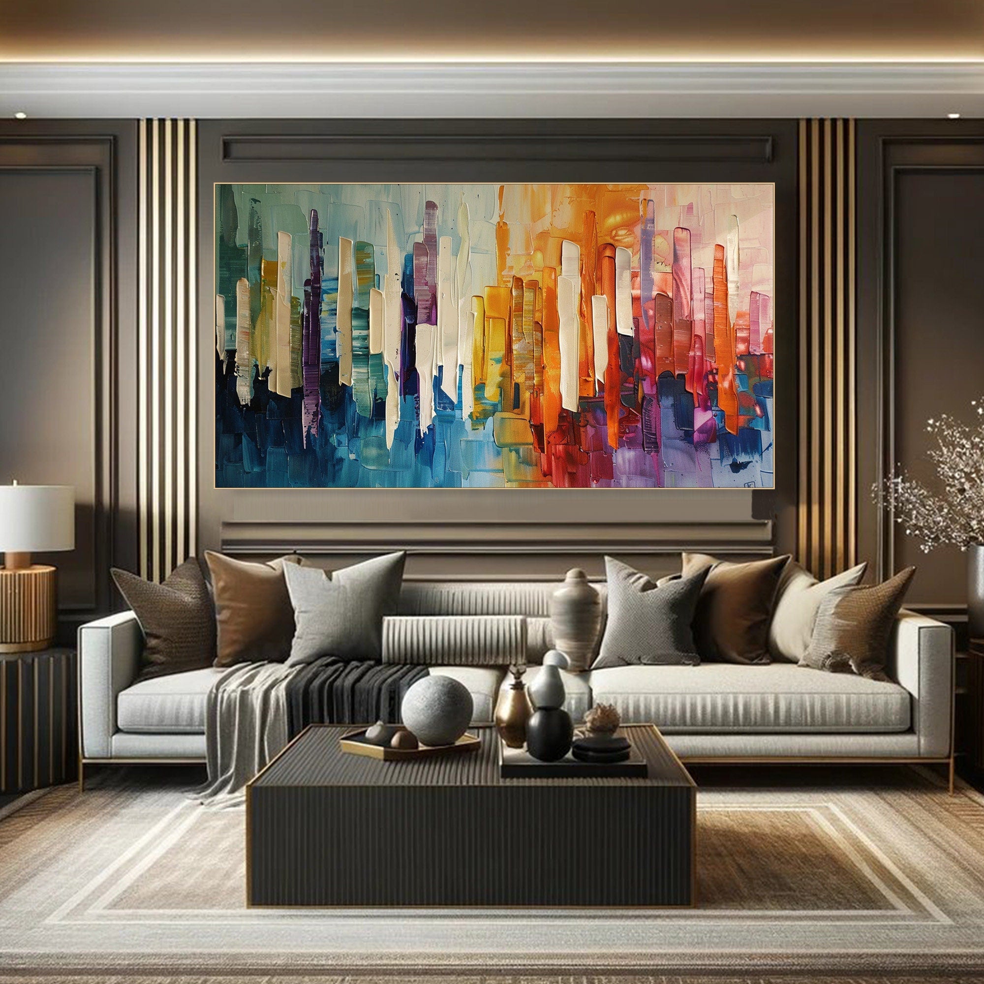 Modern City Abstract Oil Painting, Colorful Skyline Art Wall Decor TB 055 - Texarart
