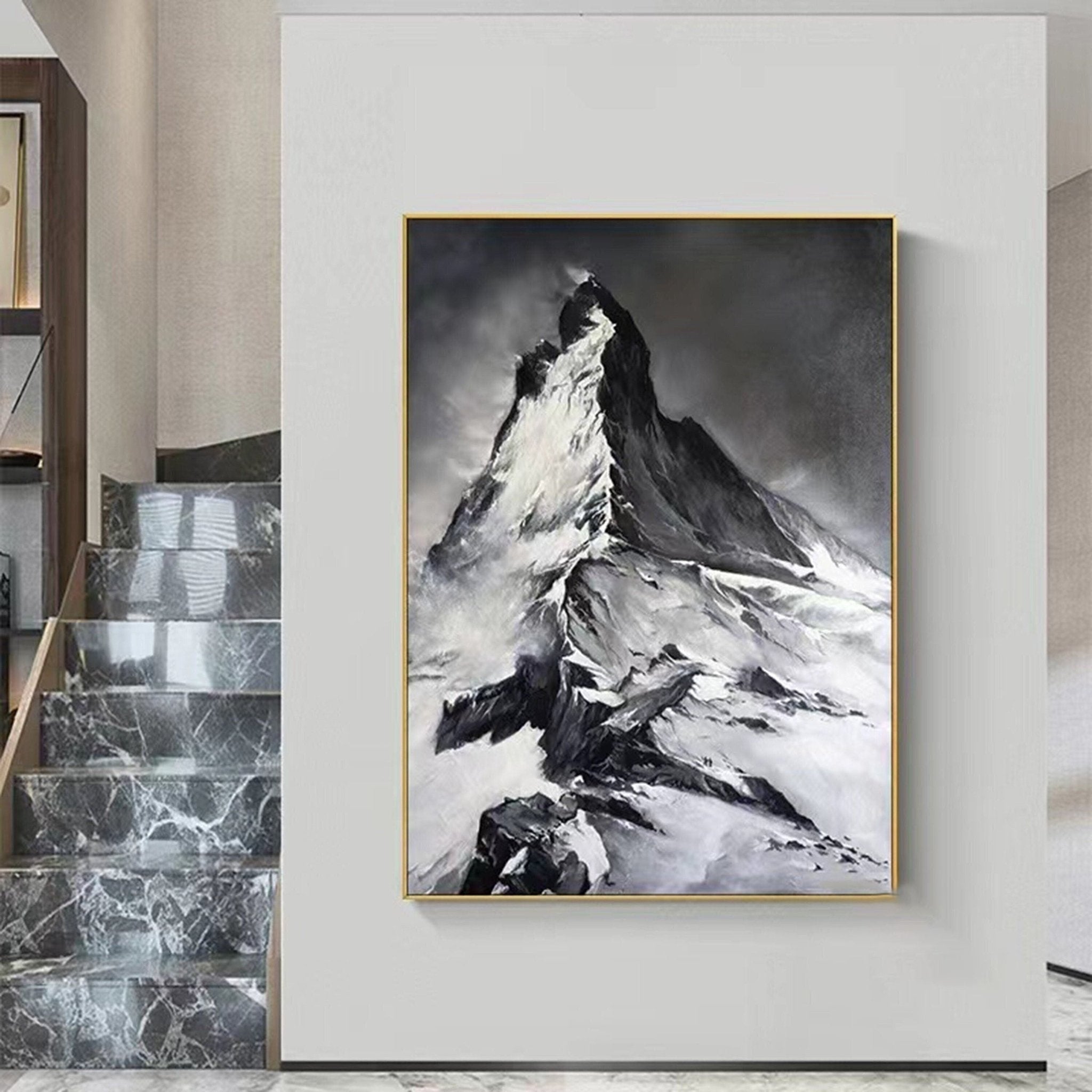 Black & White Mountain Abstract Oil Painting, Modern Wall Decor TB 036 - Texarart