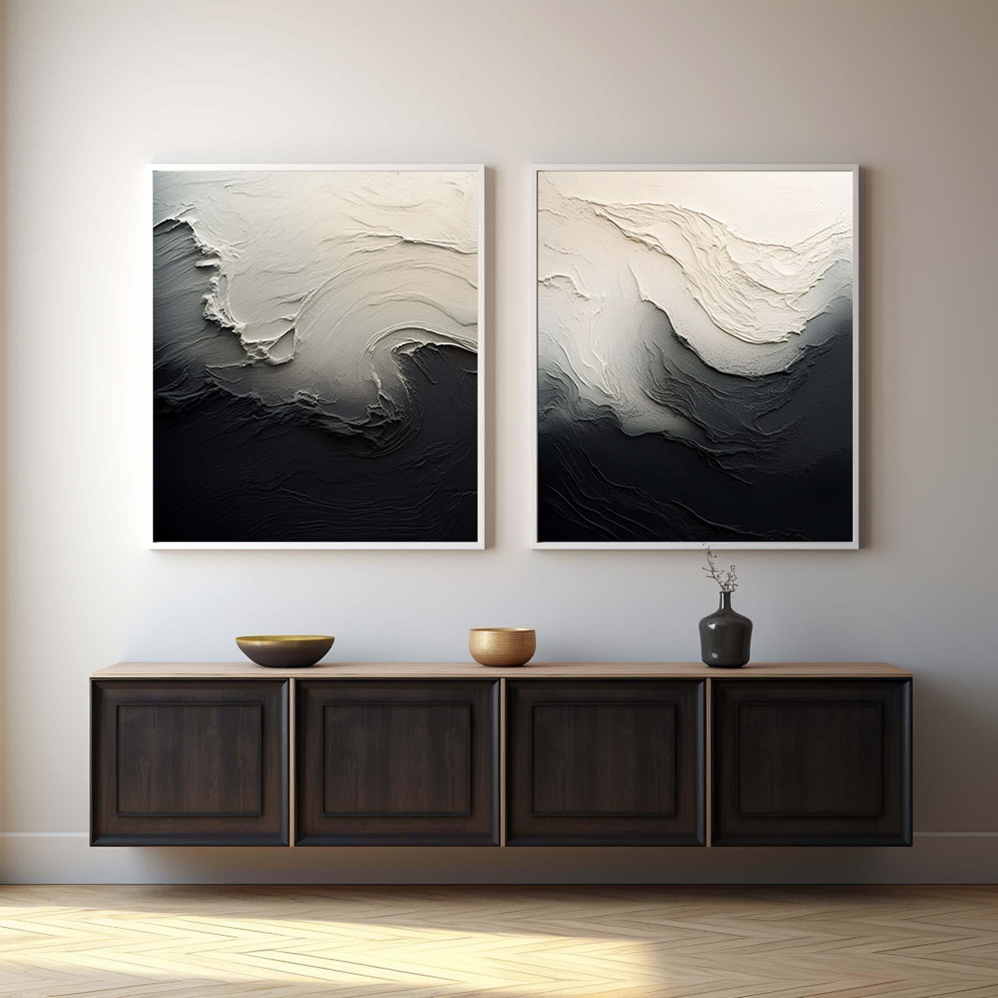Black & White 3D Texture Abstract Art, Modern Pair TB 032 - Texarart