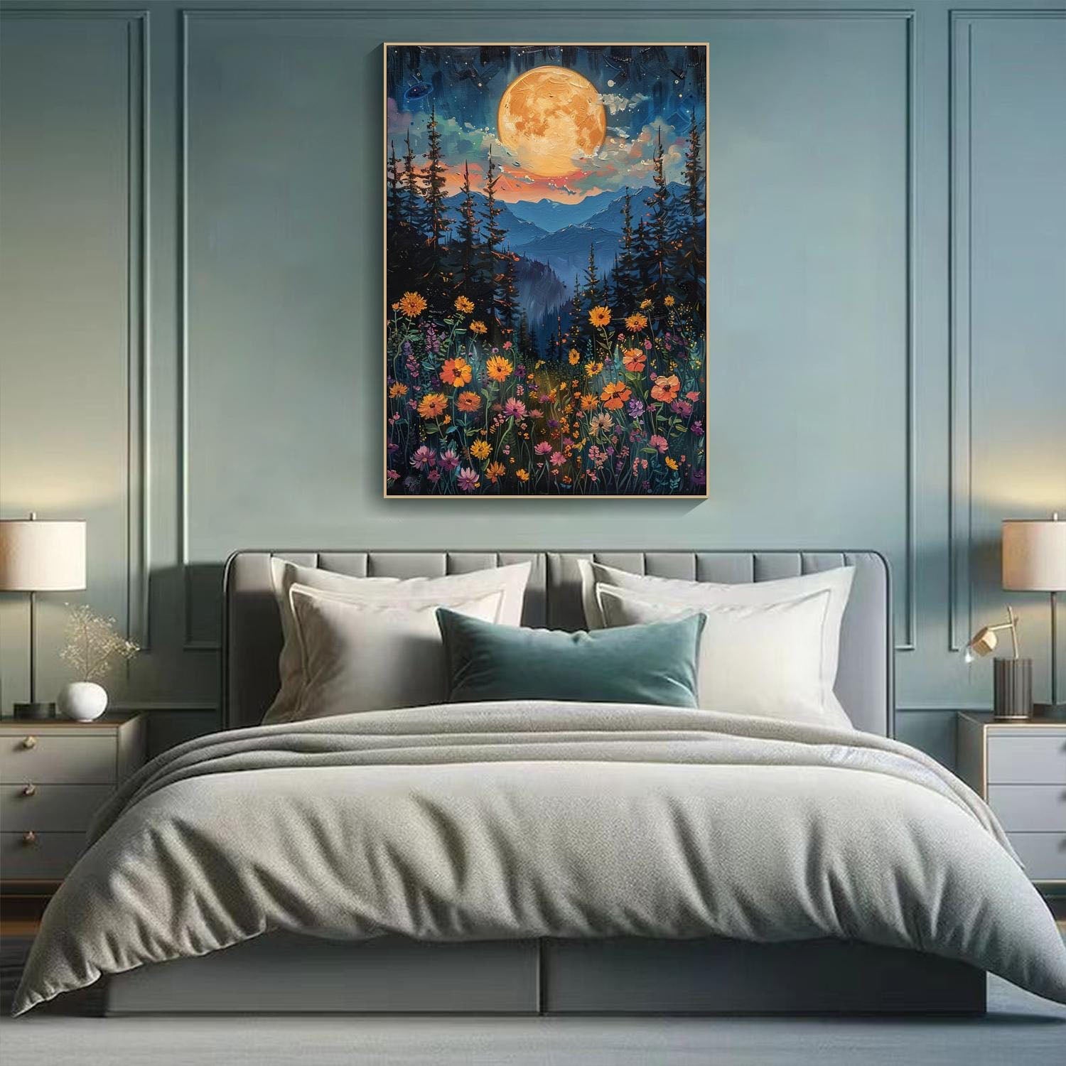 Moonlight Forest Abstract Oil Painting, Modern Dreamy Night TB 073 - Texarart
