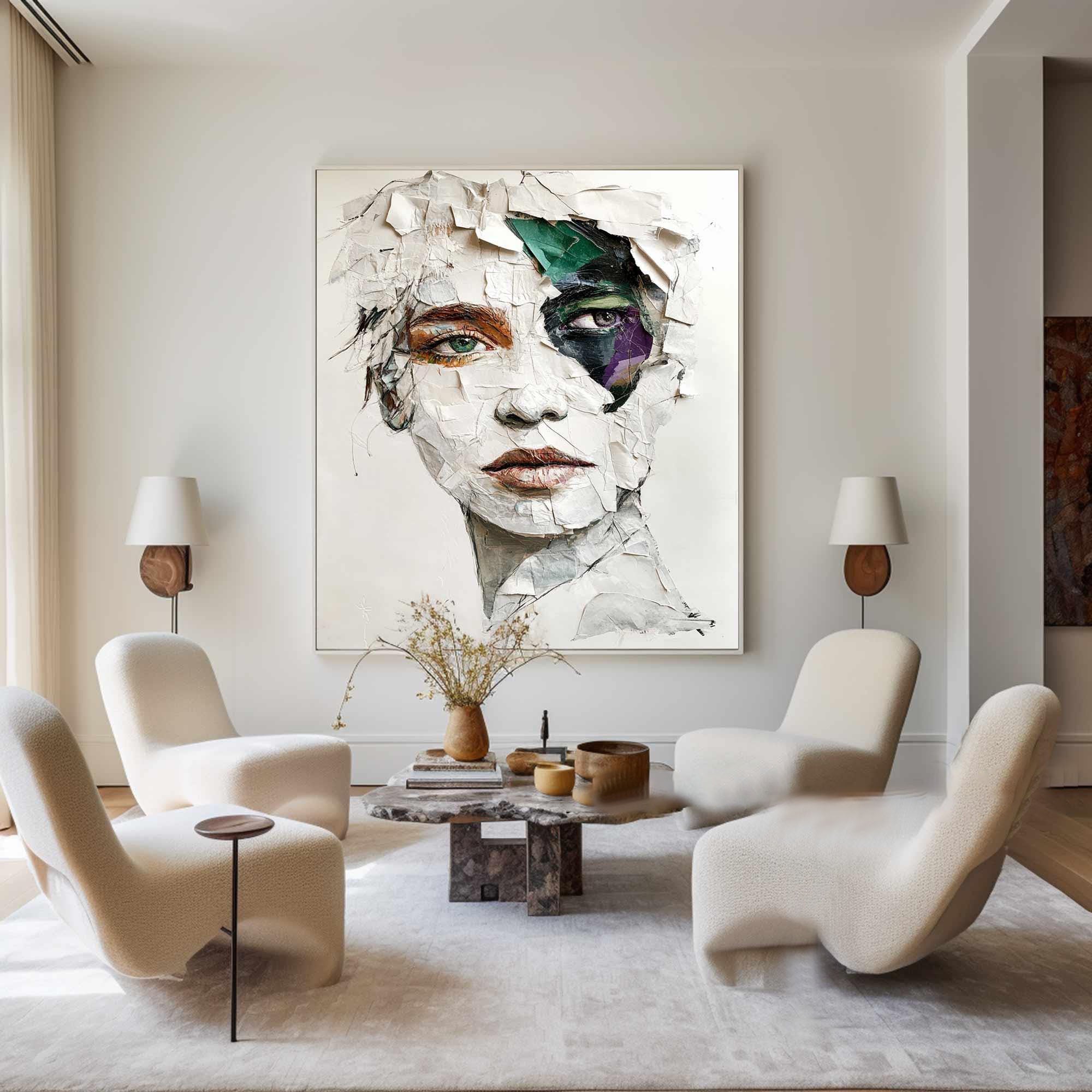 Modern Abstract Portrait Art, White Gray Green Purple TB 062 - Texarart