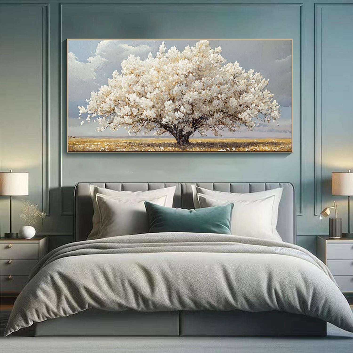 Modern White Blossom Tree Painting, Serene Countryside TB 079 - Texarart