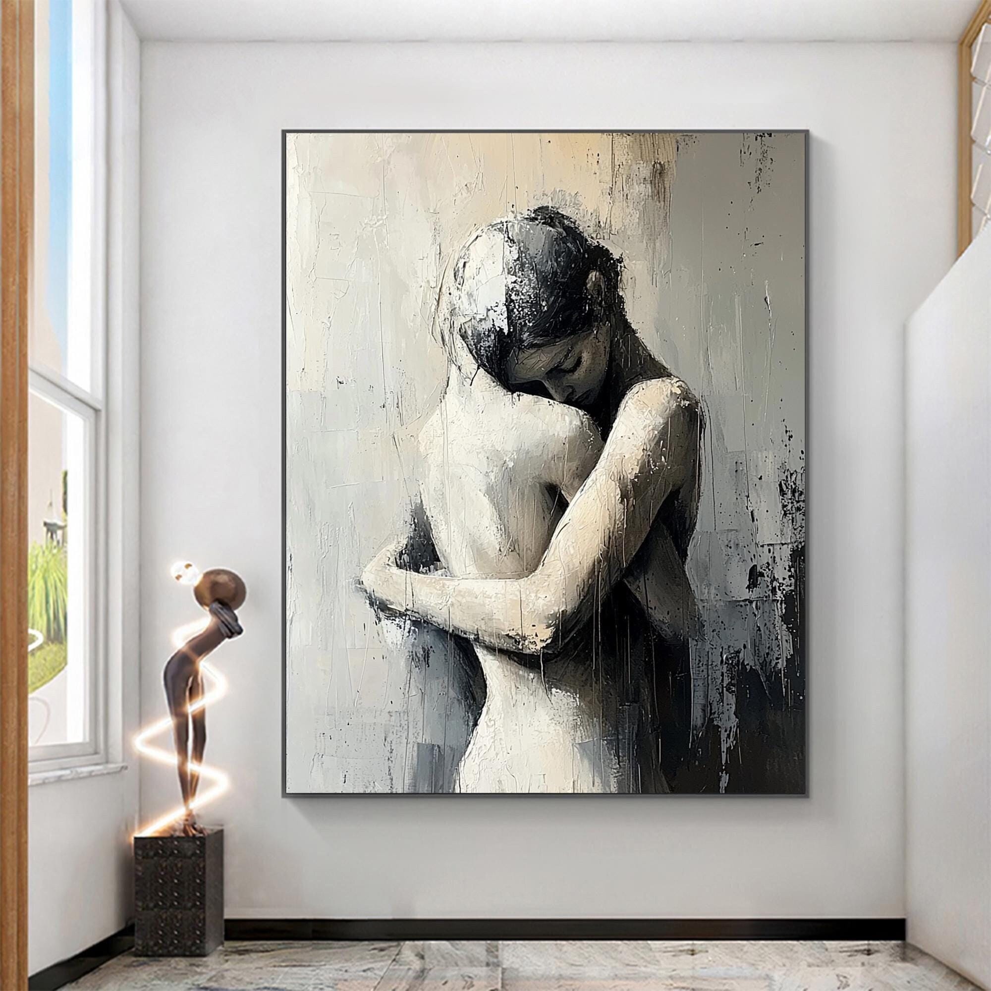 Abstract Figurative Wall Art | Large Vertical Couple Embrace Painting ZZ 174 - Texarart