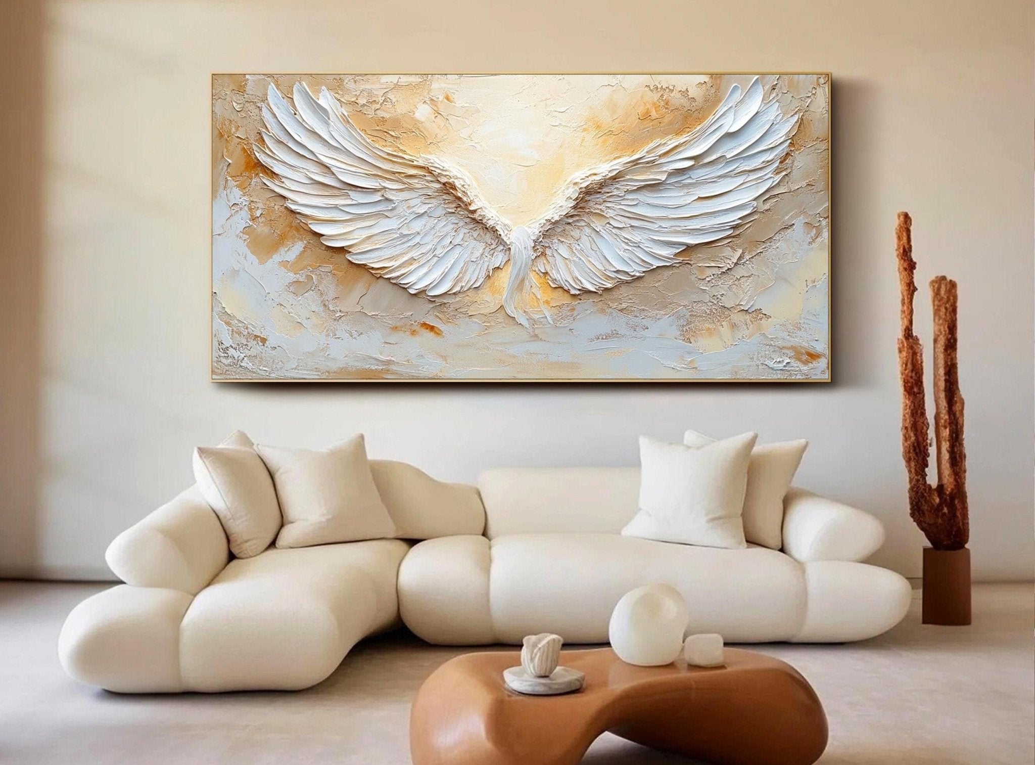 Large Abstract Angel Wings Painting | White Textured Wall Art for Room Decor ZZ 144 - Texarart