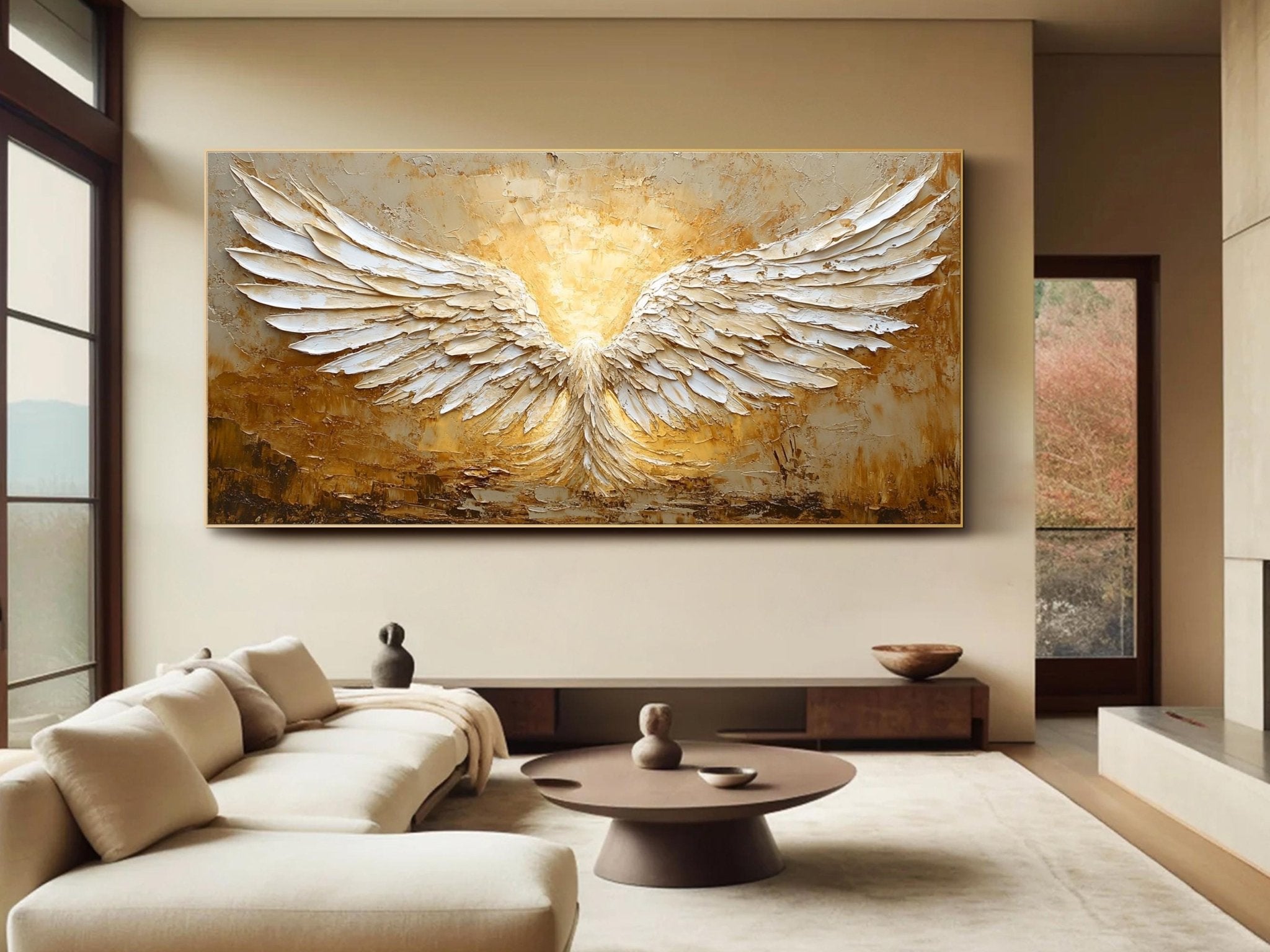 White and Gold Textured Painting | Large Angel Wings Wall Art ZZ 148 - Texarart