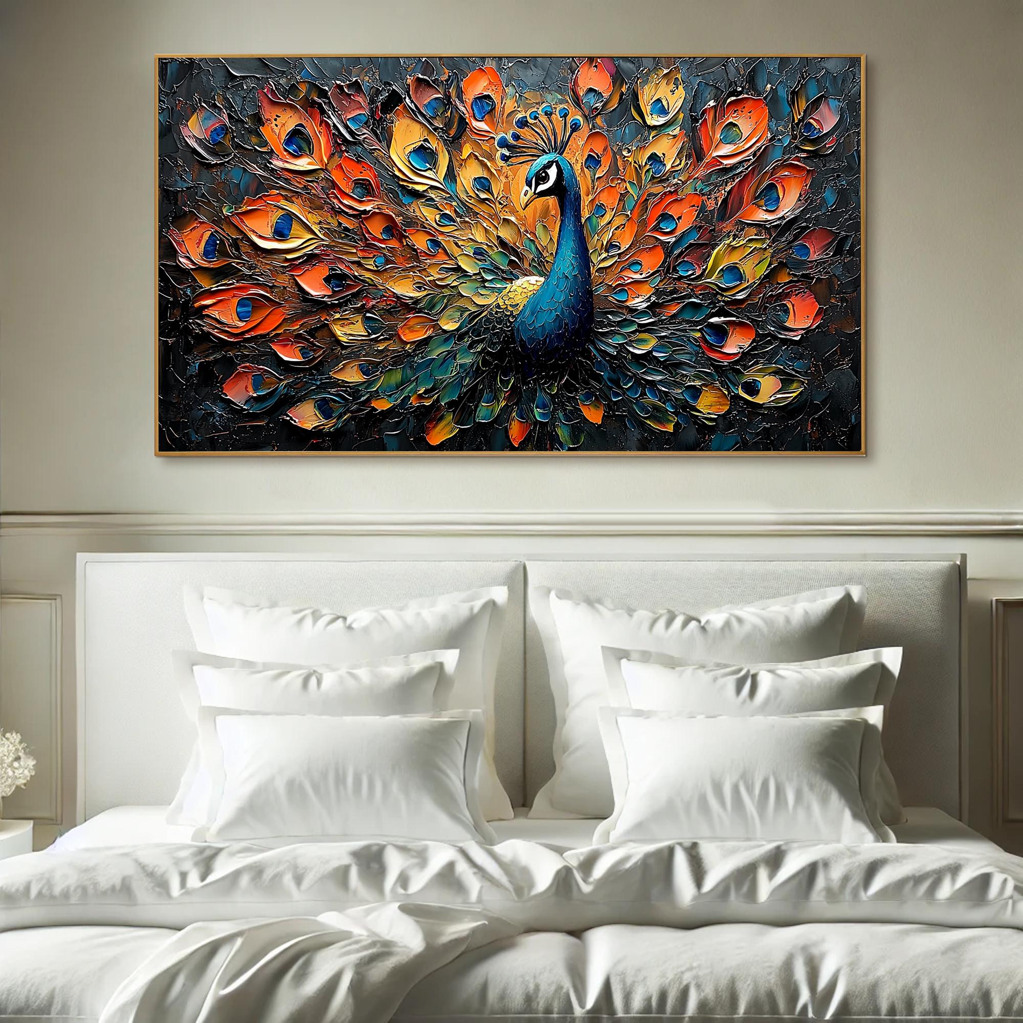 Large Textured Peacock Painting | Colorful Abstract Bird Wall Art Decor ZZ 177 - Texarart