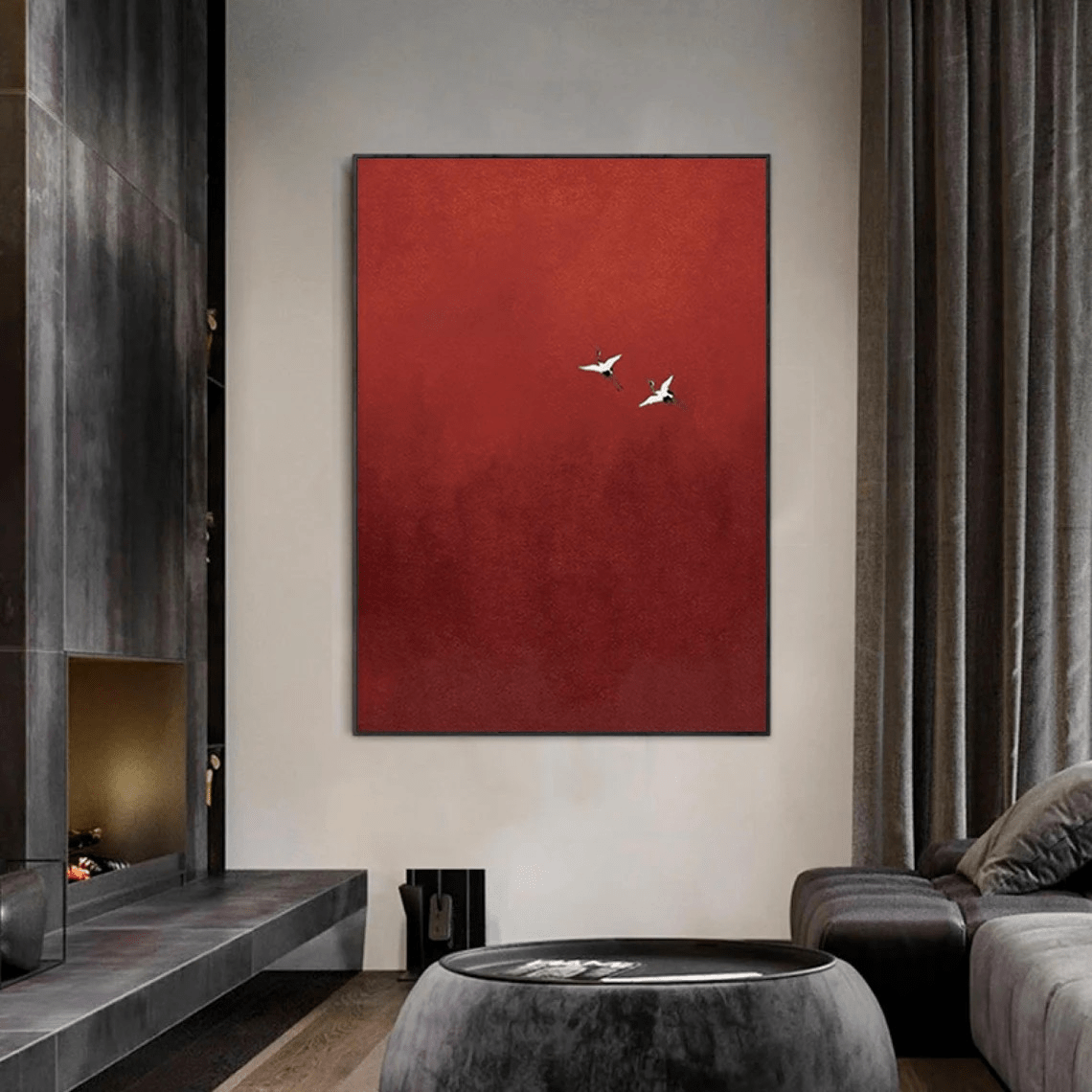 Minimalist Red Abstract Oil Painting with Flying Birds Wall Art TC 026 - Texarart