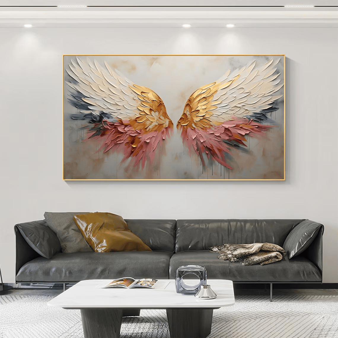 Textured Angel Wings Abstract Oil Painting - Gold & Peach Art JJ 031 - Texarart