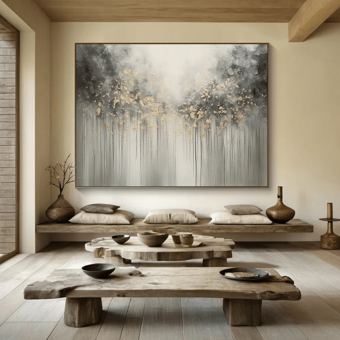 Large Abstract Nature Painting | Grey, Black, Gold Forest Art TC 064 - Texarart