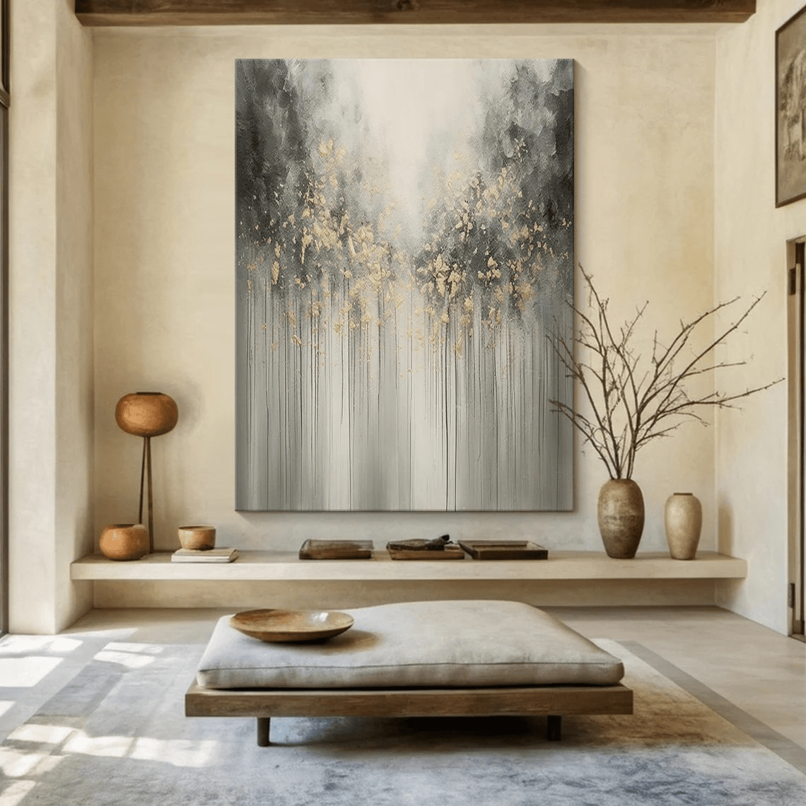 Large Abstract Nature Painting | Grey, Black, Gold Forest Art TC 064 - Texarart