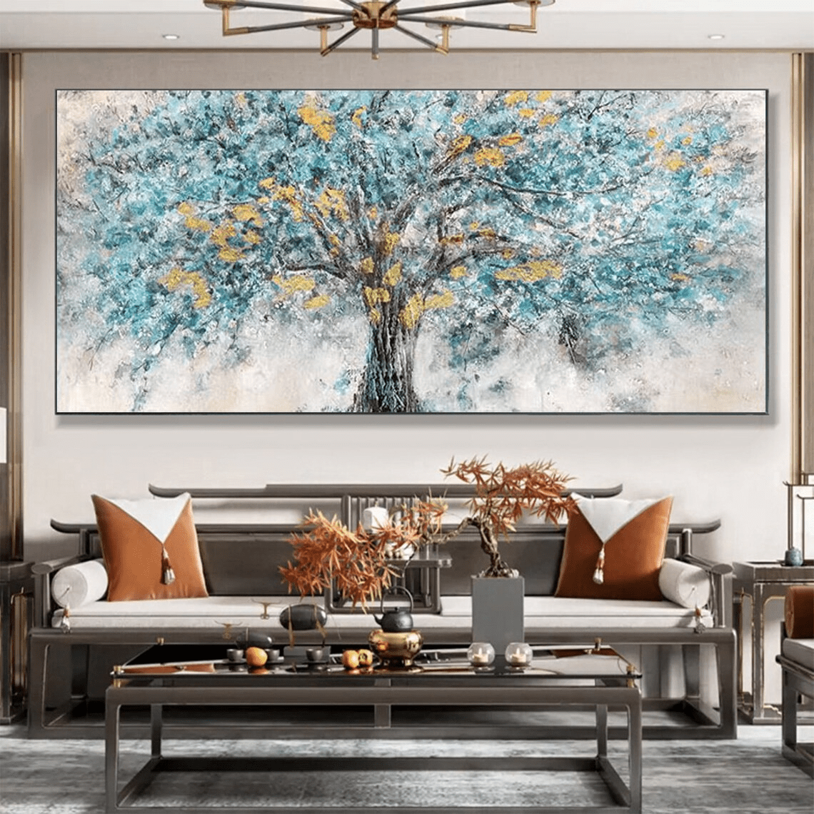 Abstract Tree Oil Painting with Blue & Gold Textured Leaves JJ 038 - Texarart