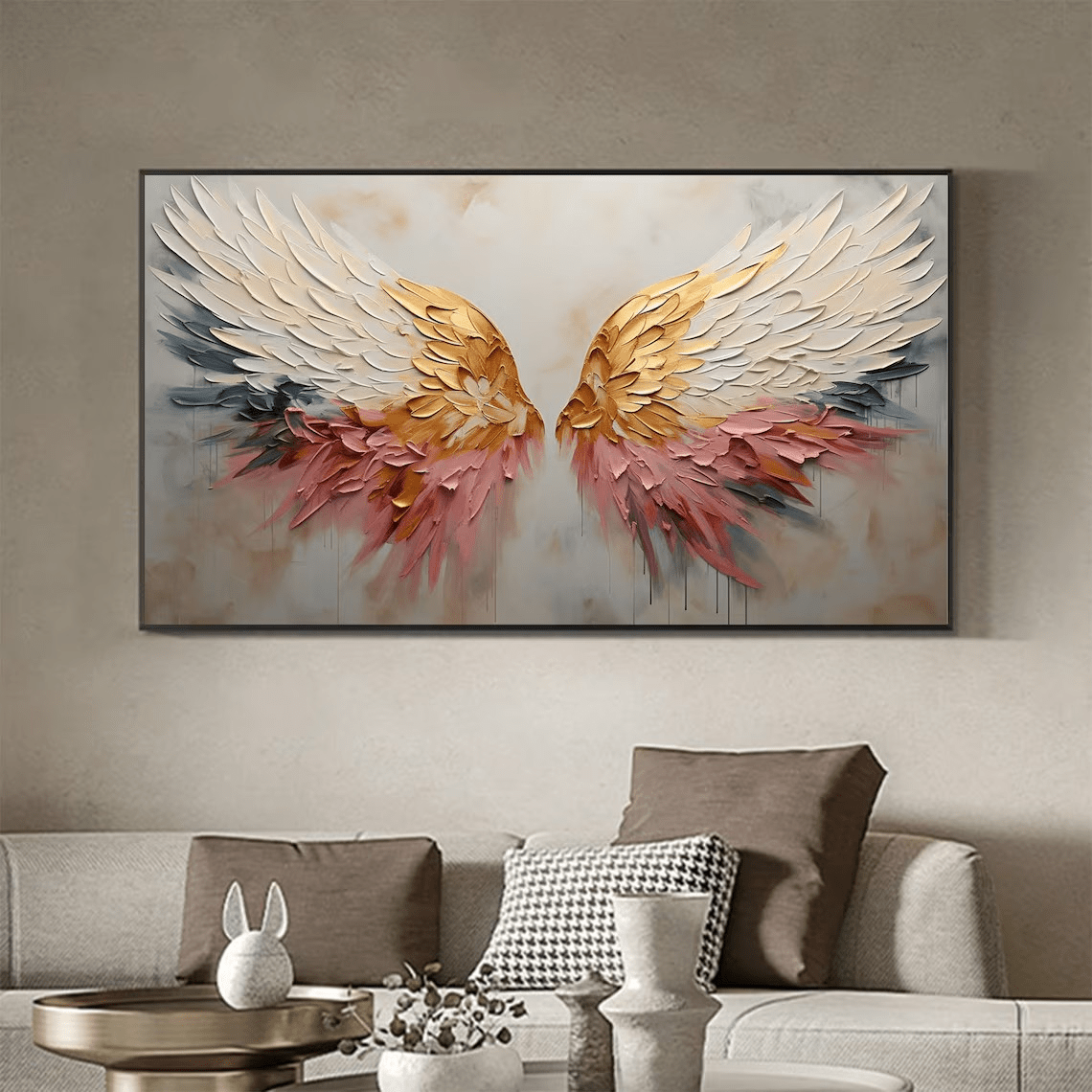 Textured Angel Wings Abstract Oil Painting - Gold & Peach Art JJ 031 - Texarart