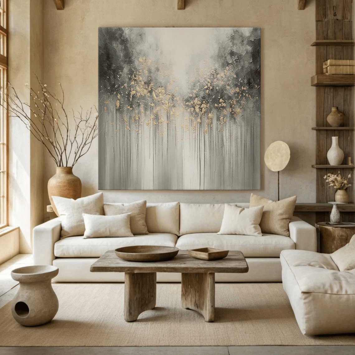 Large Abstract Nature Painting | Grey, Black, Gold Forest Art TC 064 - Texarart