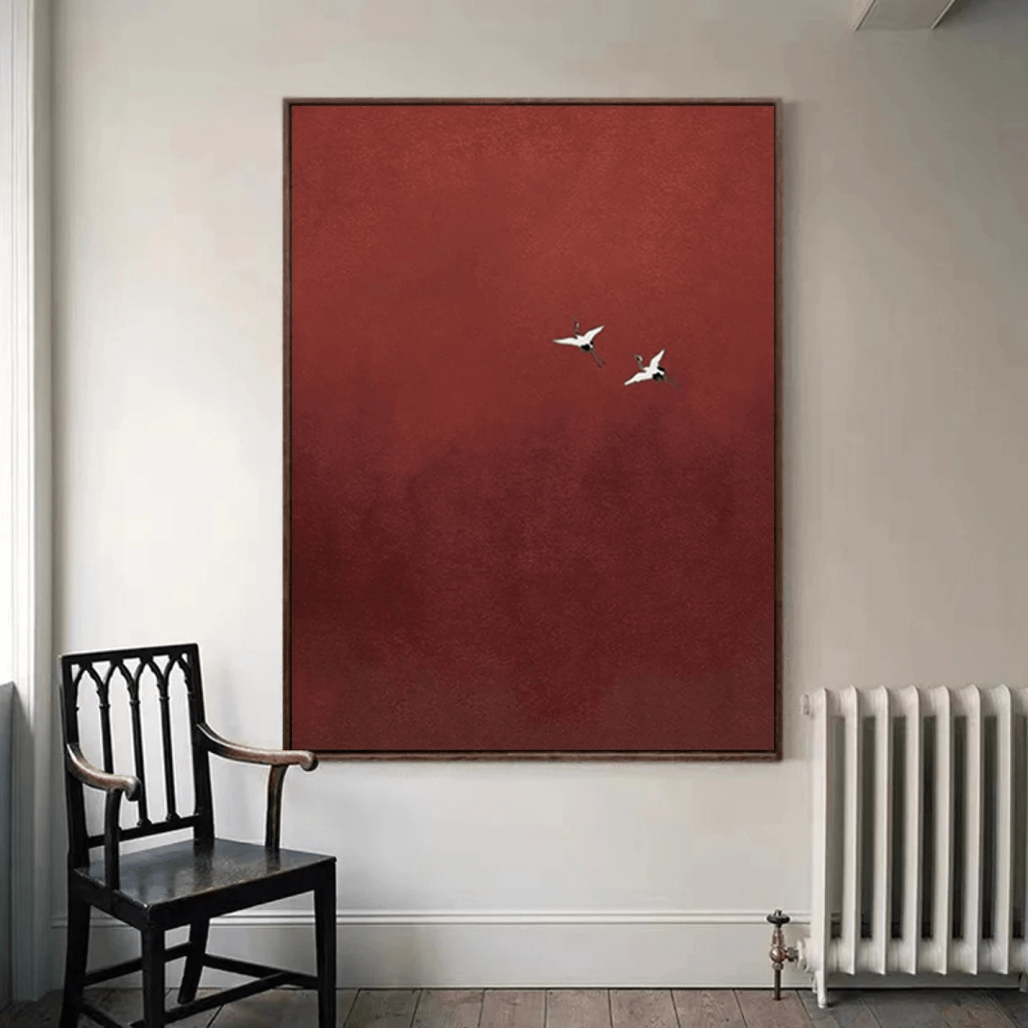 Minimalist Red Abstract Oil Painting with Flying Birds Wall Art TC 026 - Texarart