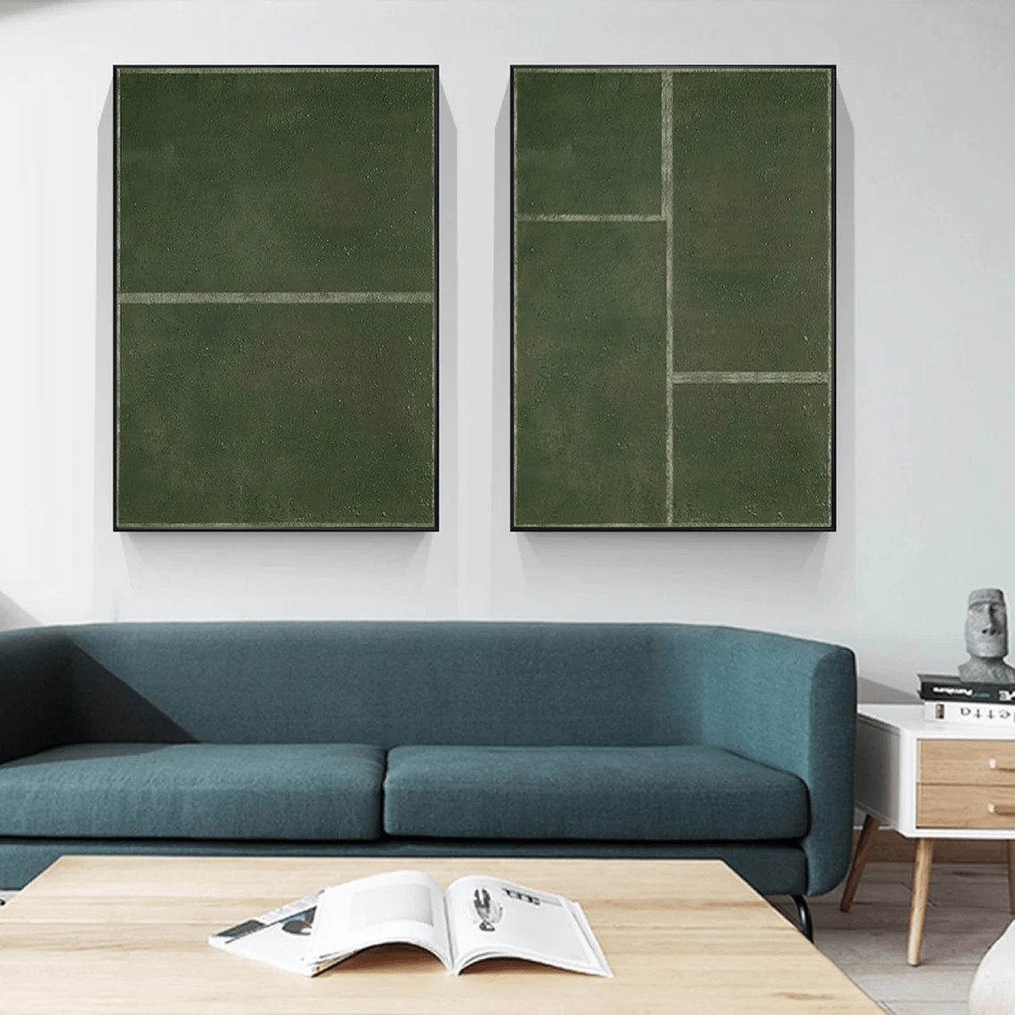 Set of 2 Large Abstract Green Oil Paintings with Geometric Design | TC 017 - Texarart