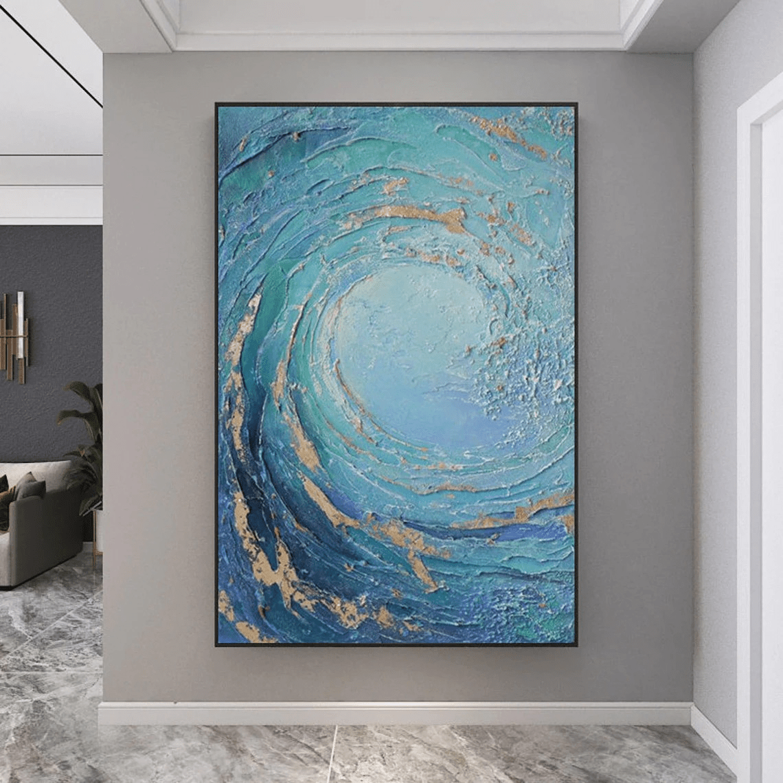 Abstract Ocean Wave Oil Painting, Blue and Gold Textured Wall Art TC 068 - Texarart